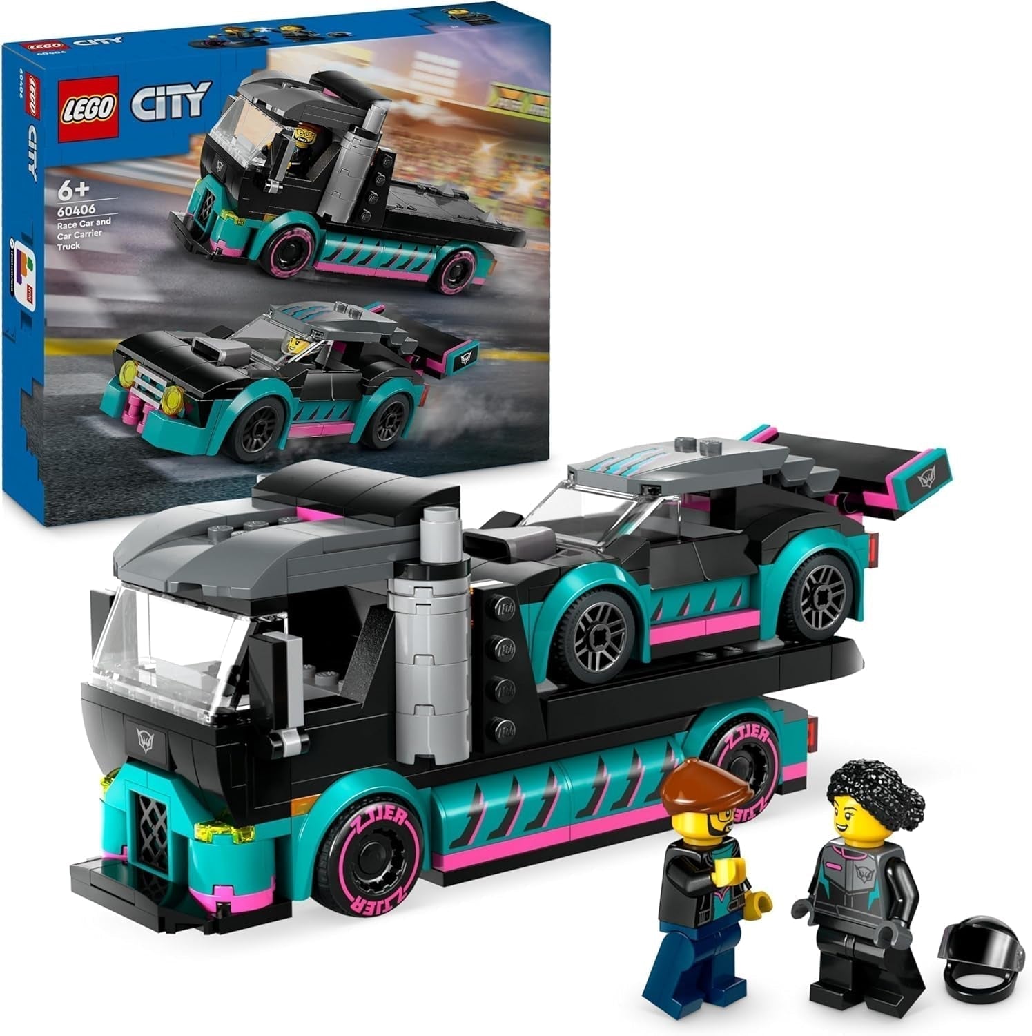 LEGO City Car Transporter med racerbil, legetøjslastbil med justerbar læsserampe og racerbil, byggesæt med 2 minifigurer, racerkører og lastbilchauffør, til børn fra 6 år og derover 60406 Byggesæt Besuche den LEGO-Store Single