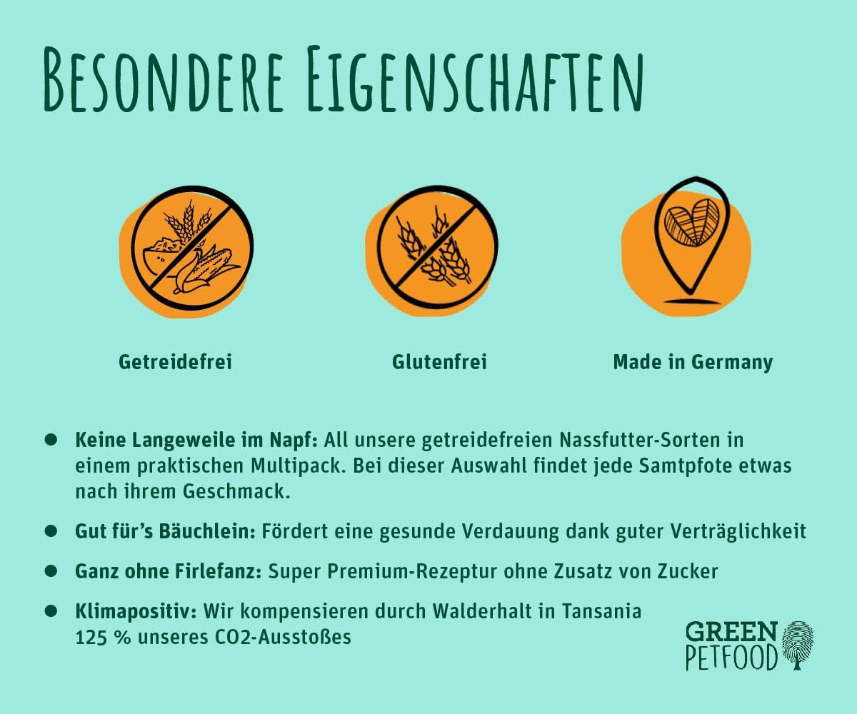 Green Petfood FairCat Multipack (6 x 85 g) | Voksen | Premium vådfoder til udvoksede katte 6 verschiedenen leckere Sorten im Multipack | getreidefrei | Katzenfutter nass | 6 pakke