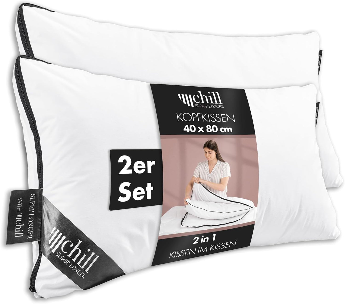 Pude 80X80 Cm - 2 i 1 design - pude i pude - åndbar og vaskbar stor sovepude og 100% vegansk - 2 puder 3 muligheder - pude med 600G & 1200G fyld Naty Shop standard puder Premium pude Sæt med 2 - 40 X 80 Cm