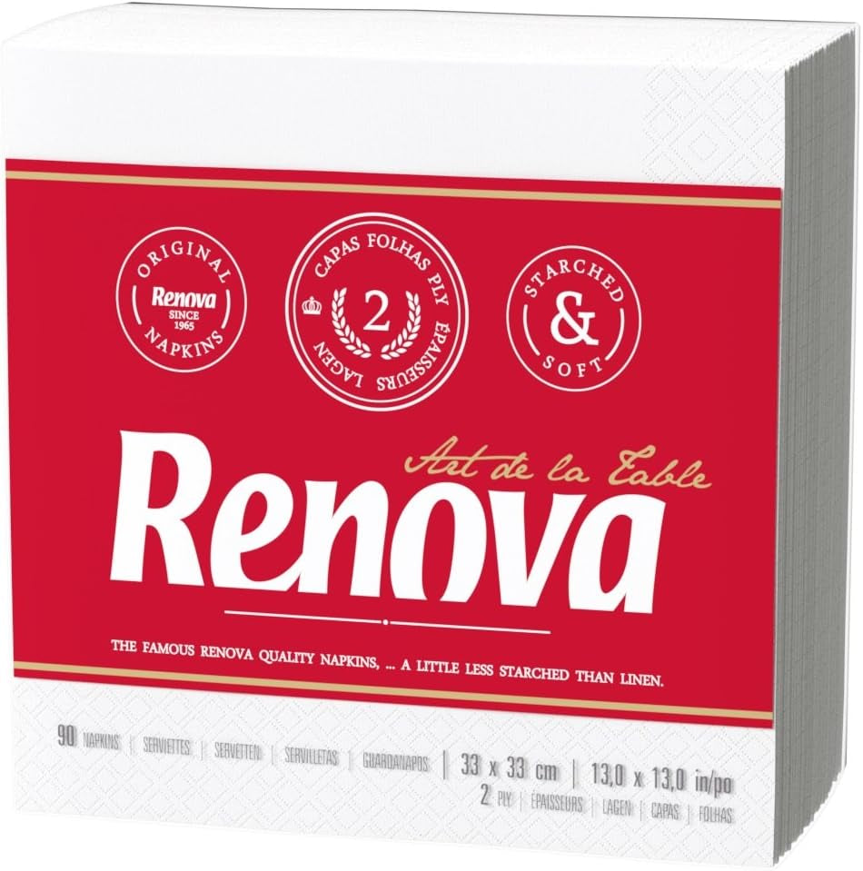 Renova papirservietter, hvid bordcocktailstil - 90 servietter (pakke med 2)
