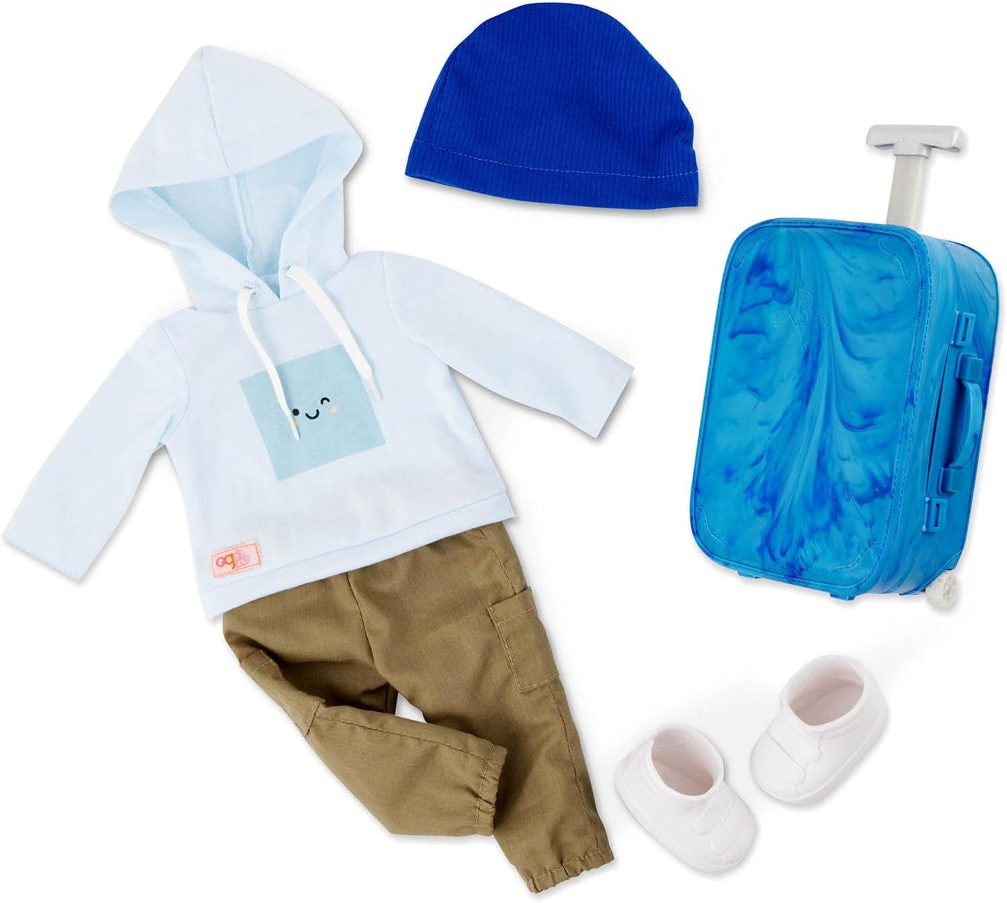 Vores generation - Milo - 46 cm drengedukke - Naturtro brune øjne og krøllet brunt hår - Bagage på hjul og rejsetilbehør - Foregive leg - Legetøj fra 3 år og opefter