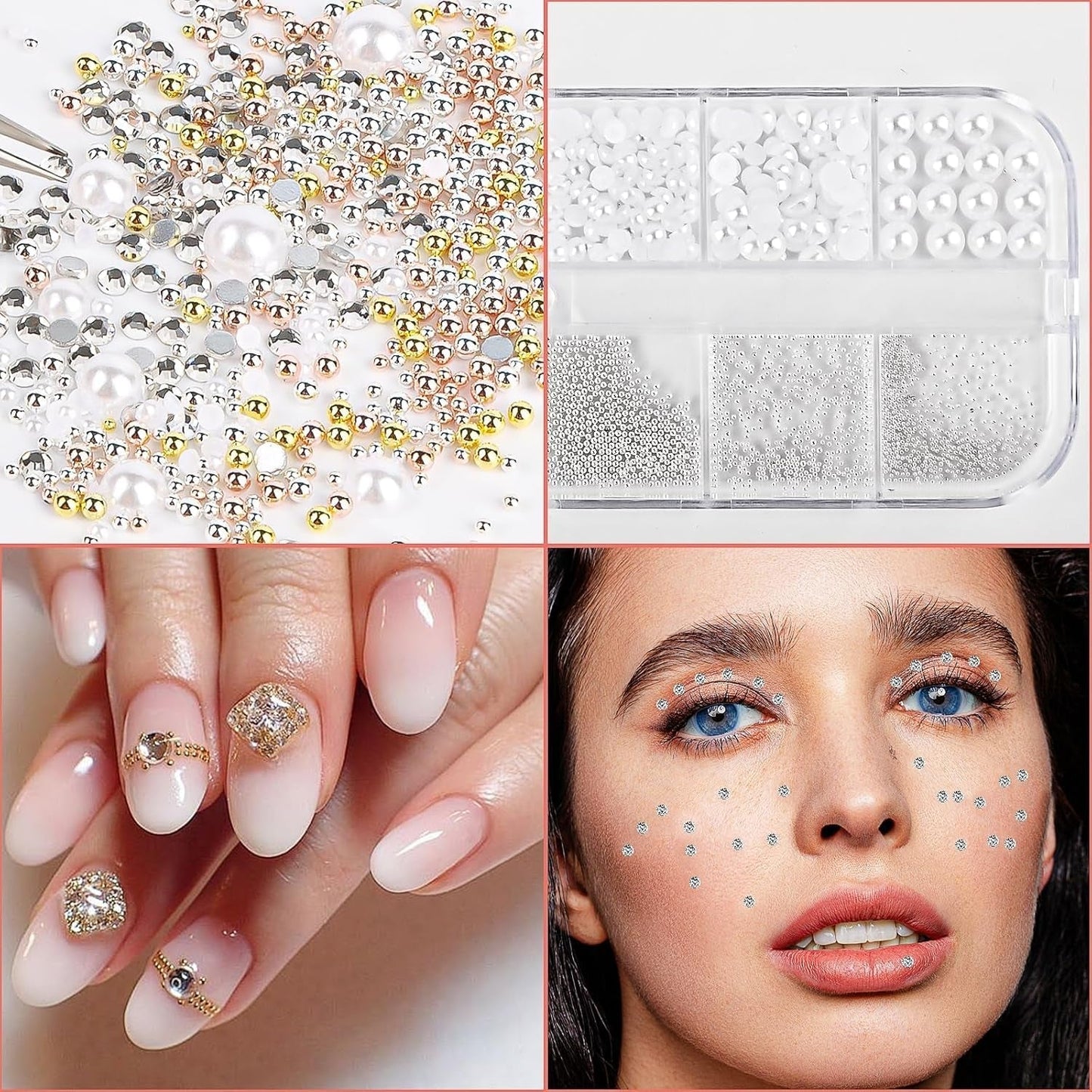 2 Boxen Nail Art Strasssteine, Mit Pincet Nägel Flatback Perlen Nail Charms Mit Kristallen Nagelzubehör Diamanten Edelstahl-Perlen Für Nagelschmuck