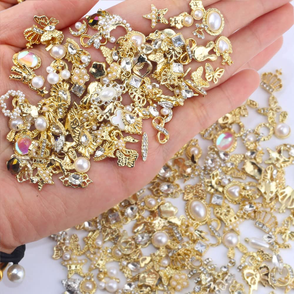 50 Stück Guld Nail Charms, Mix Styles Glitzersteine ​​Nägel Perle Legierung Nagel Steine ​​​​Blume Schmetterling Strasssteine ​​​​Nägel Herz Stern Nagel Charms DIY Nail Art Zubehör Frauen Nägel Deko
