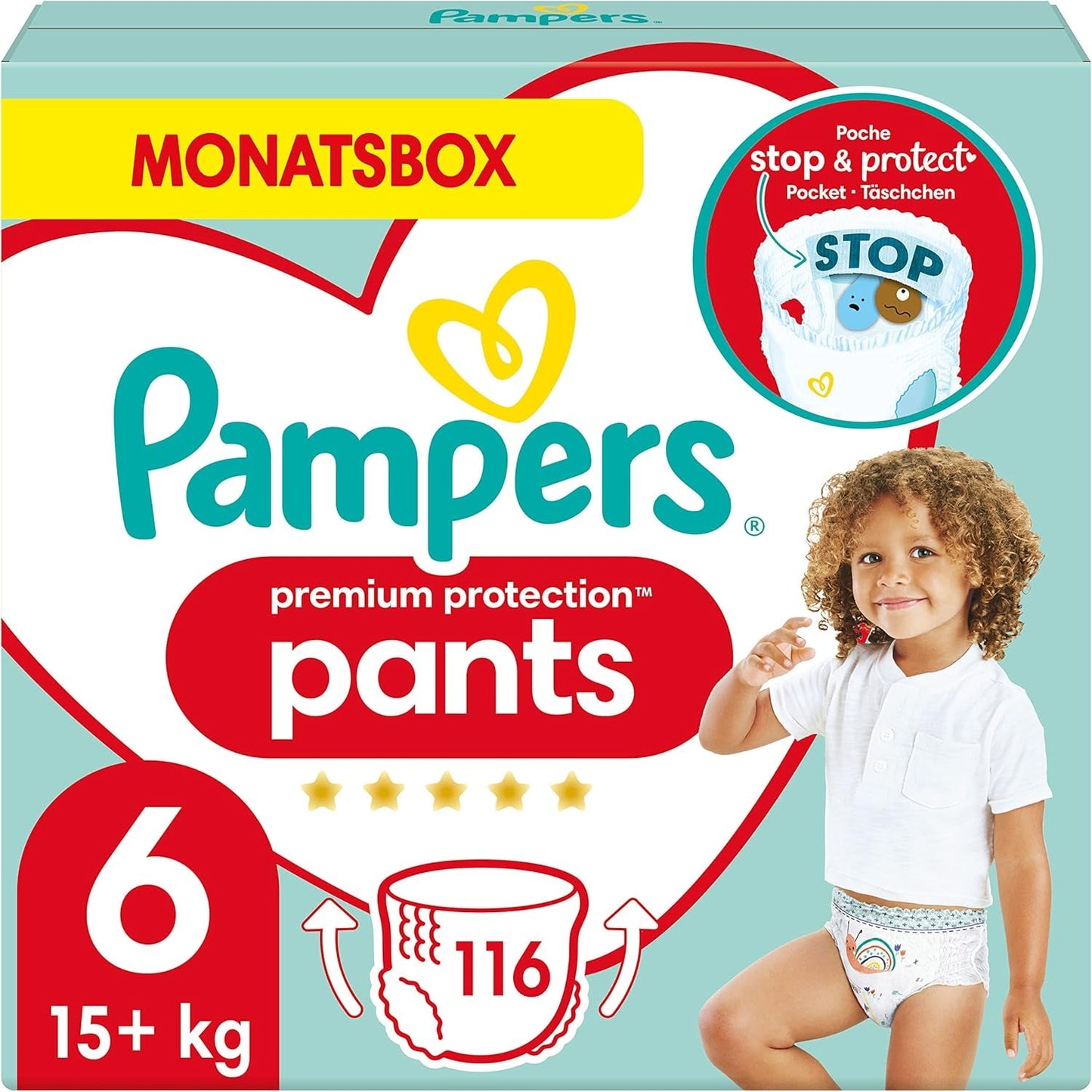 Pampers Premium Protection Pants Str. 7, 123 Bleer, 15 kg+, med 360° justering og bløde anti-lækage manchetter for optimal komfort og beskyttelse