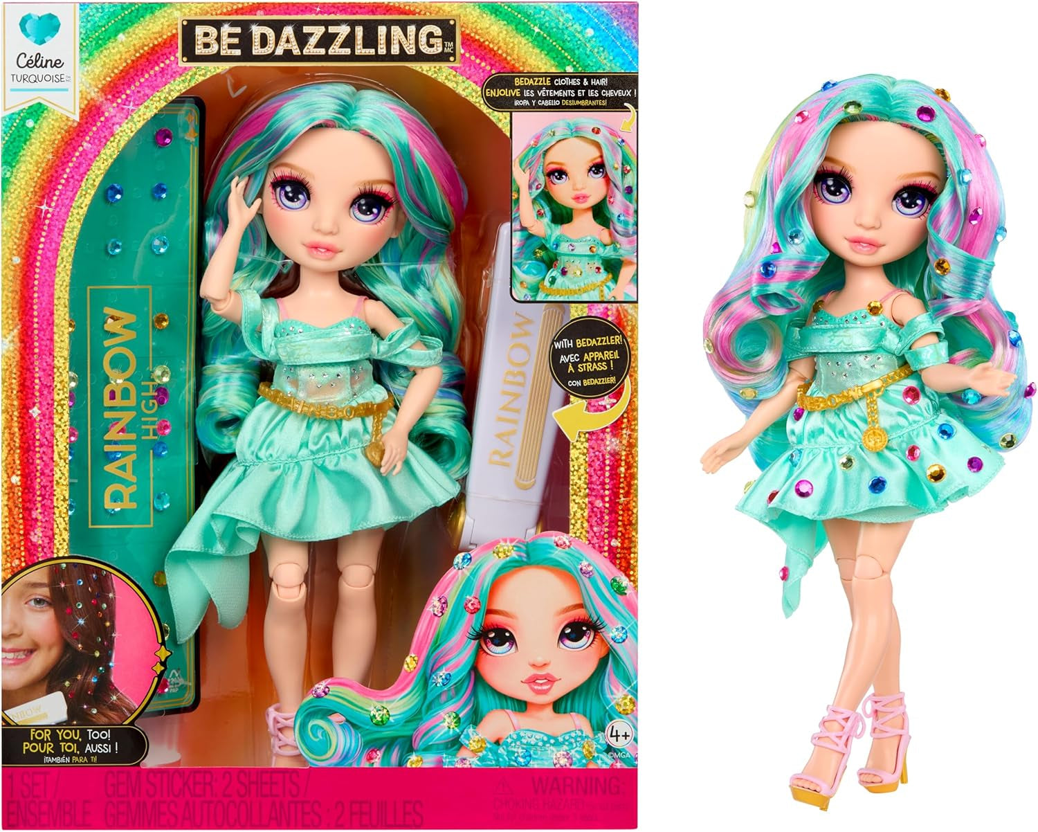 Rainbow High Be Dazzling Fashion Doll - Celine Turkis - Blå-Grøn, 28 cm, med dekorationsværktøj, funklende ædelstene og stylingtilbehør