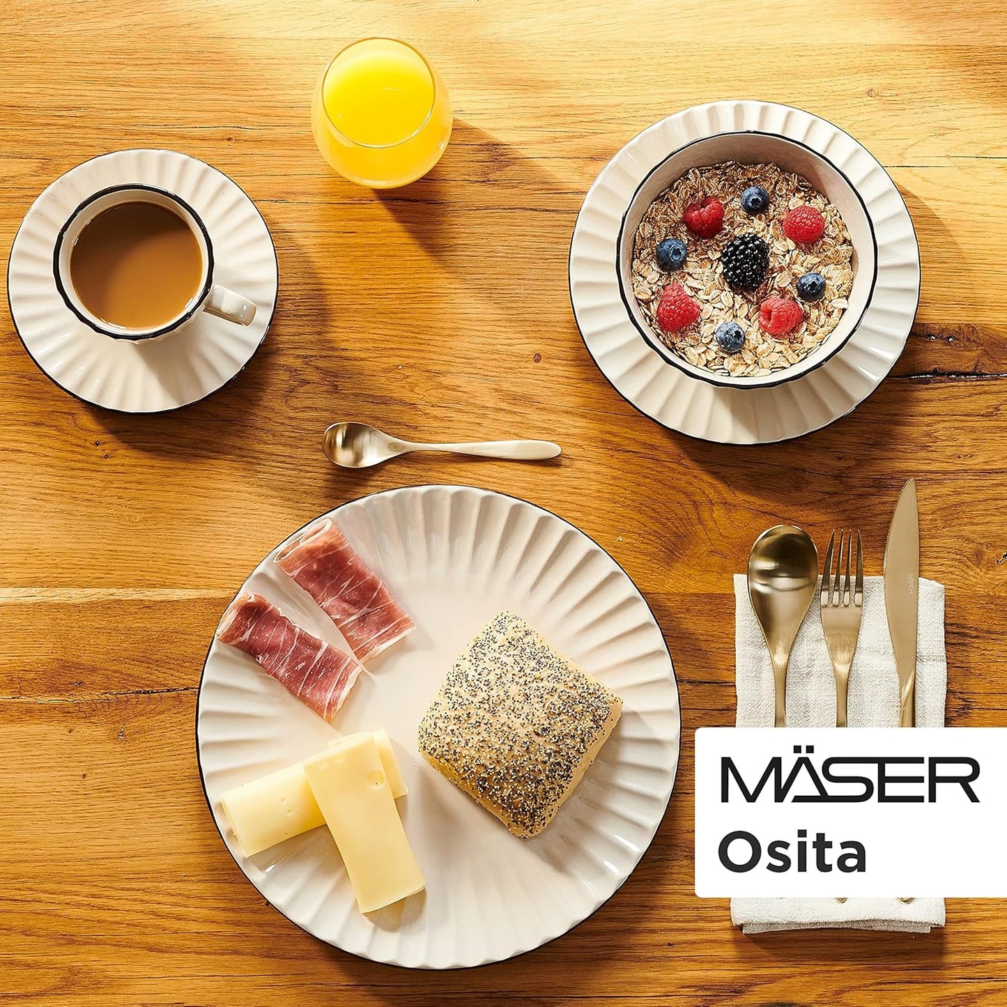 MÄSER 931967 Osita Retro Series 6-personers Wave-servicesæt, 18-delt rundt servisesæt, middagstallerkener, desserttallerkener og kornskåle, keramik, cremehvid