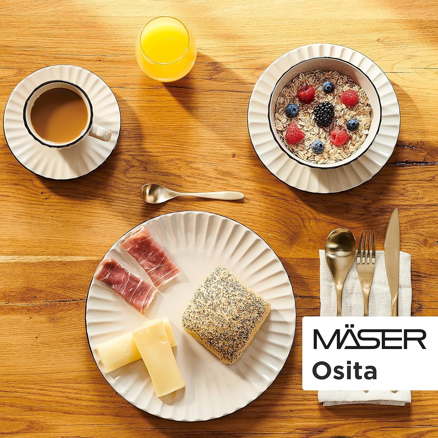 MÄSER 931967 Osita Retro Series 6-personers Wave-servicesæt, 18-delt rundt servisesæt, middagstallerkener, desserttallerkener og kornskåle, keramik, cremehvid