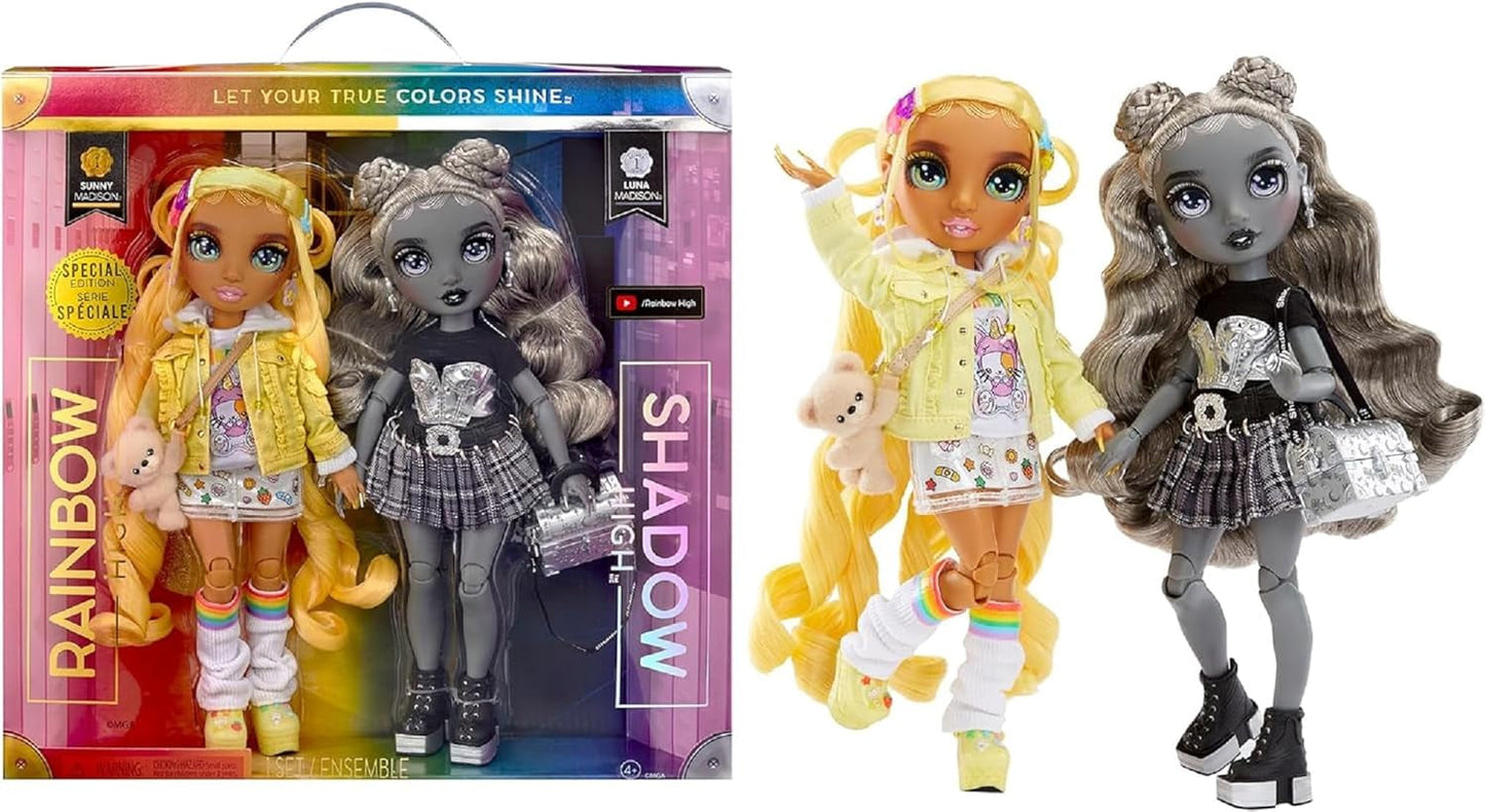 Special Edition Rainbow High Shadow High - Madison Twins Sunny og Luna - 2 modedukker i gult og gråt designertøj, mix og match med tilbehør - til samlere og børn 4-12 år