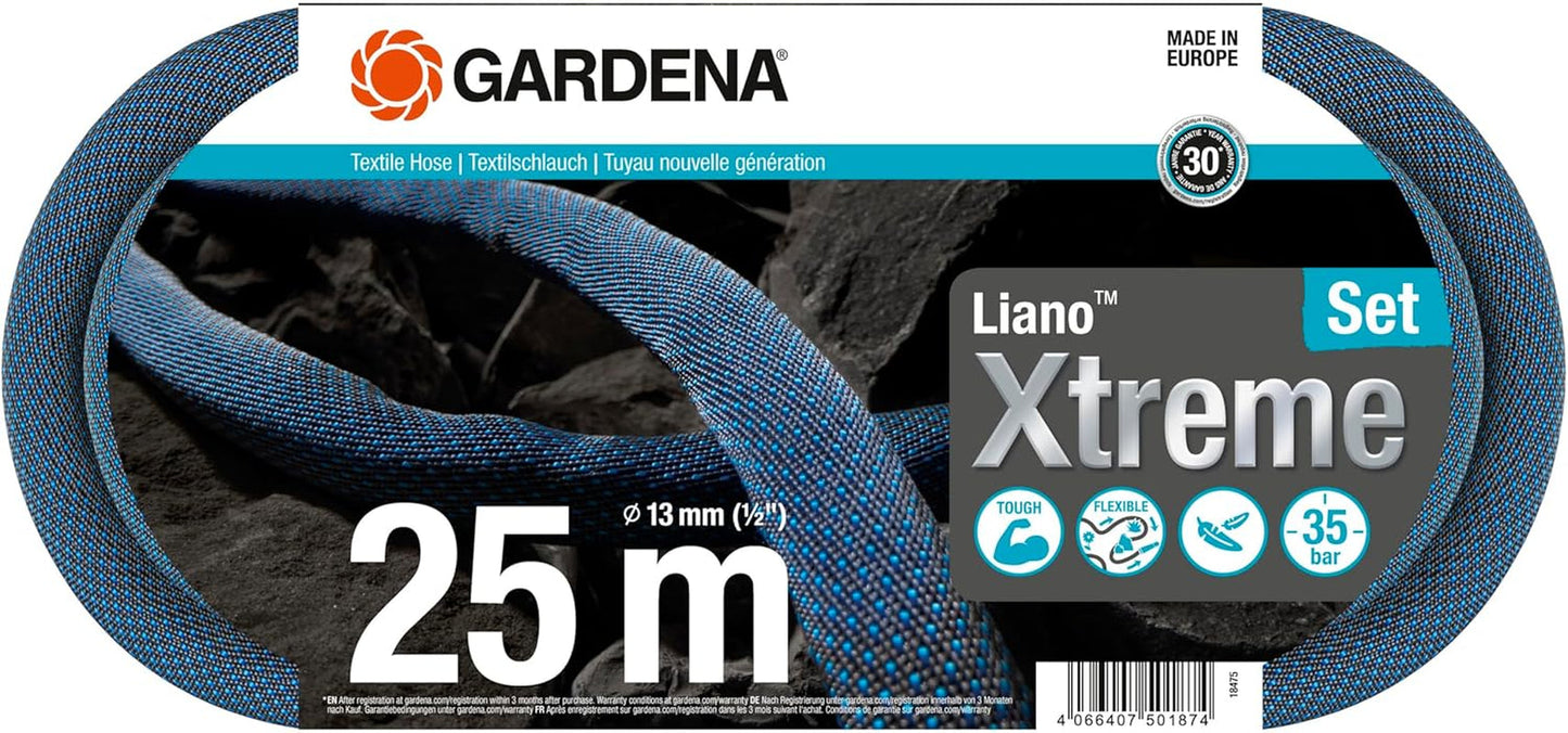 Gardena Liano Xtreme 1/2 tommer 25m sæt: Ekstremt robust tekstilhaveslange med let, vejrbestandig PVC inderslange (18475-20)