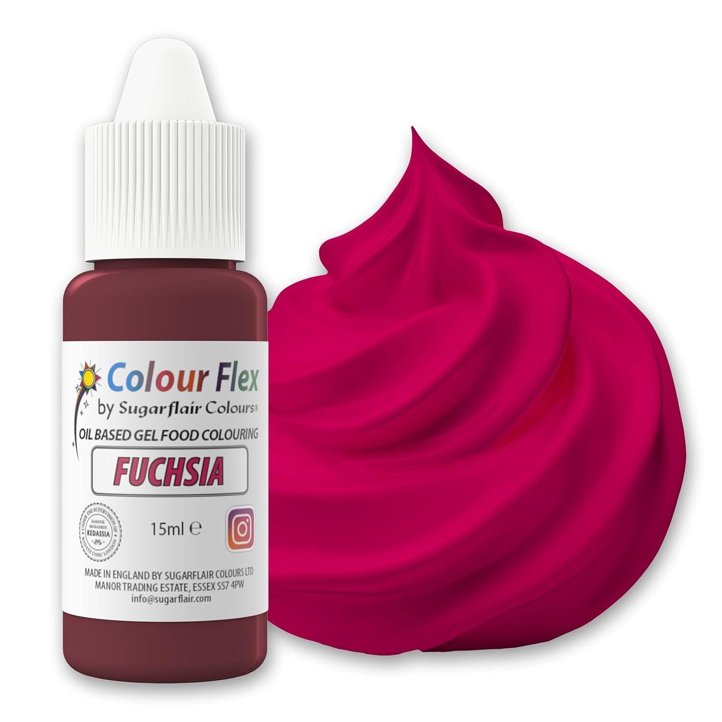 Sugarflair Colourflex Fuchsia oliebaseret fødevarefarve, højkoncentreret flydende fødevarefarve, madfarve til smørcreme, chokolade, dej, fondant, glasur og mere - 15 ml