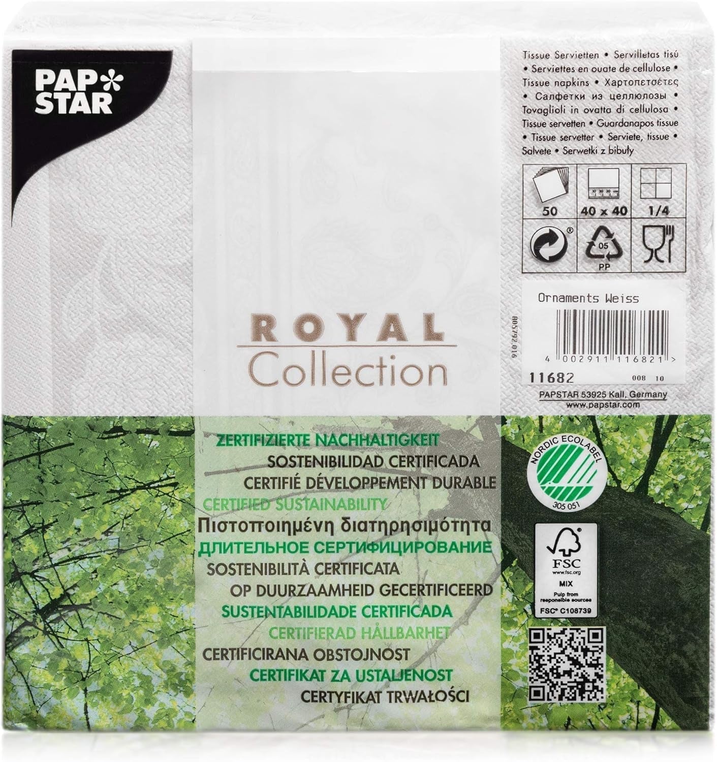 Papstar 11682 50 servietter "Royal Collection" 1/4 fold 40 X 40 cm "Ornaments", hvid