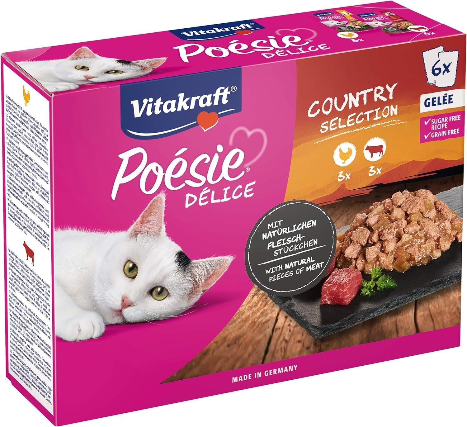 Vitakraft Poésie Délice, Country Selection, Nassfutter Katze, Katzennassfutter Gelee, med kylling, med oksekød (1 pakke med 6x 85g)