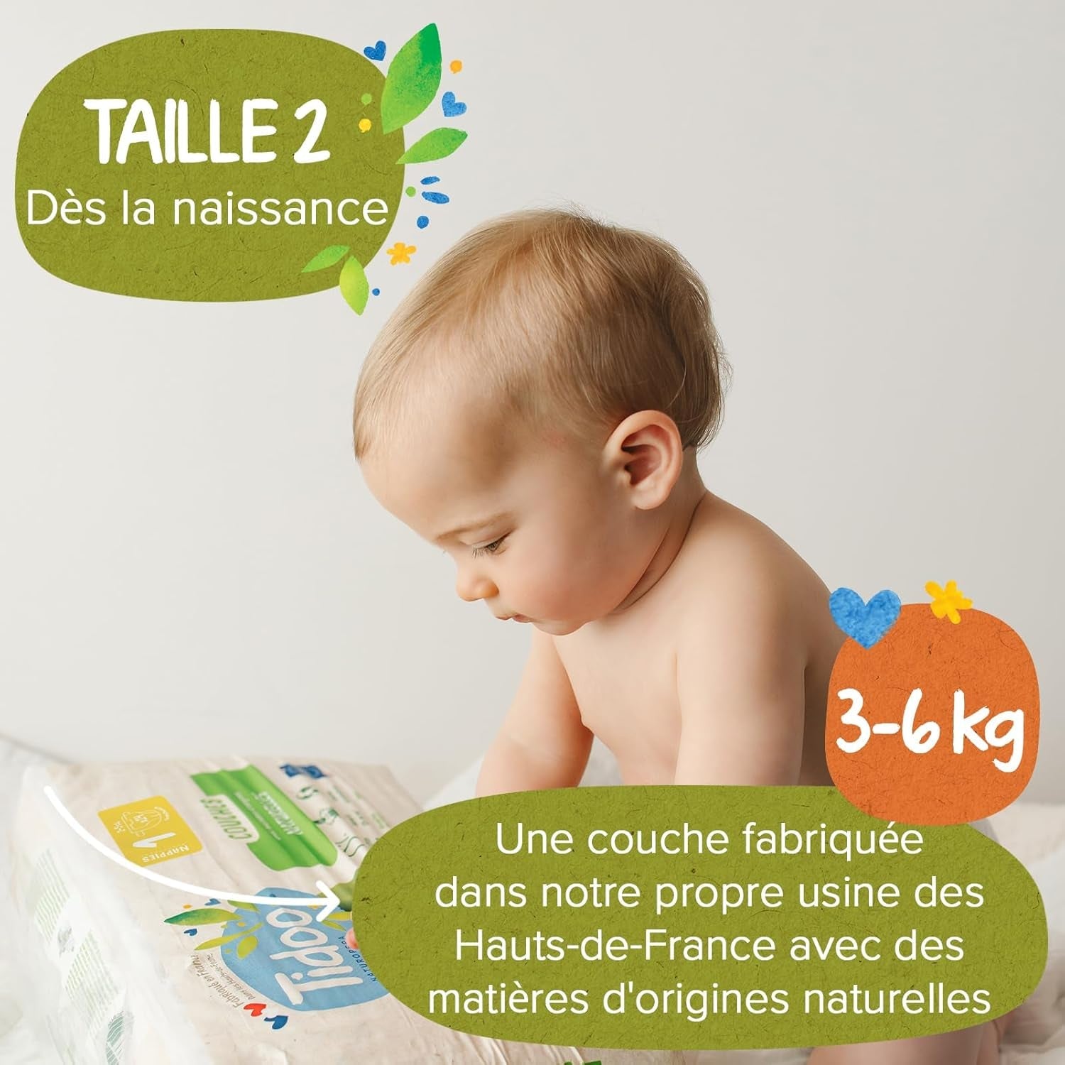 - Ökologische Diadeln, Größe 2 (3-6 kg) – natürlicher Ursprung, ohne Schadstoffe – 12 Stunden trocken, extrem saugfähig – hermestellung i Frankreich – 150 Einwegdiadeln – Pakke 1 måned