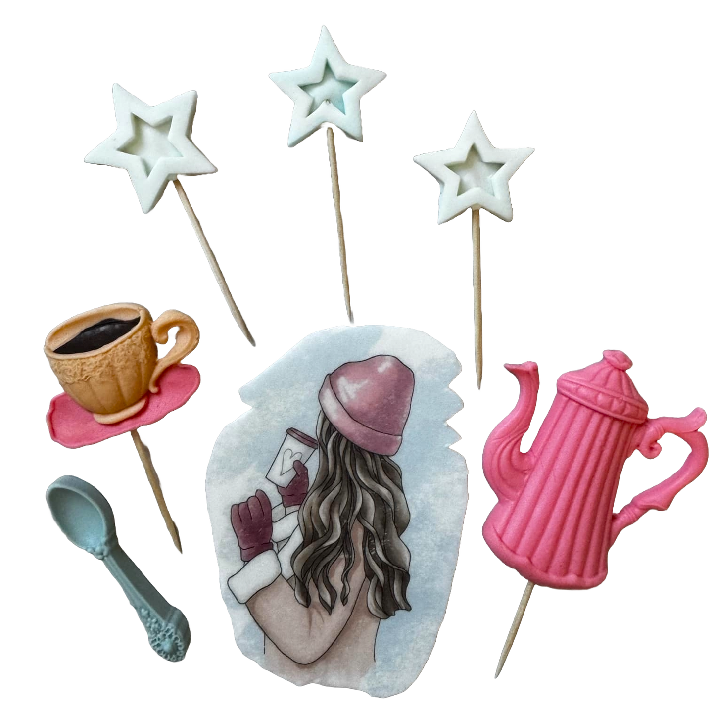 Sæt med 7 spiselige sukkerpasta dekorationer, smuk dame, pink hat Sugar Paste Decorations Naty Shop