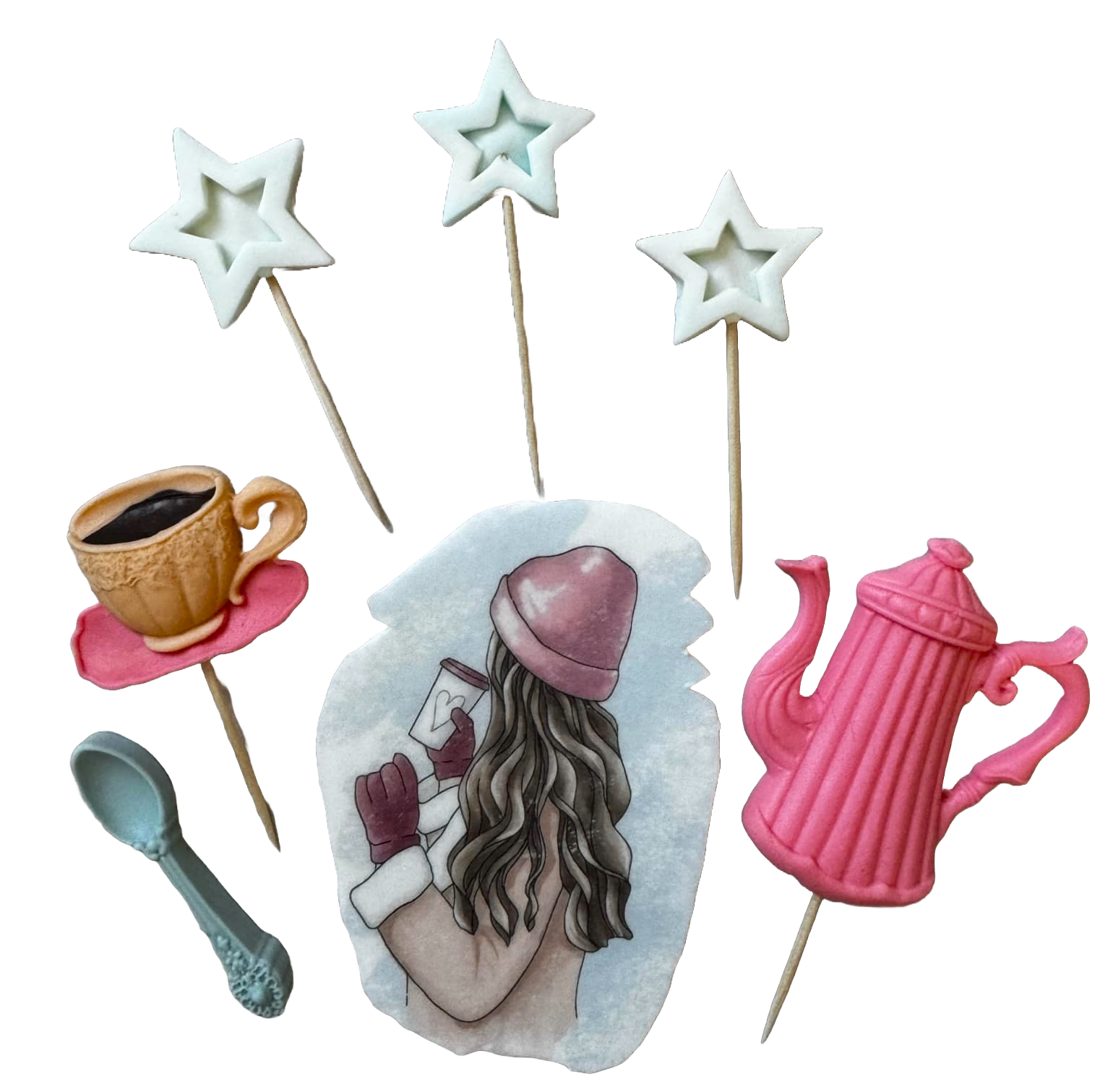 Sæt med 7 spiselige sukkerpasta dekorationer, smuk dame, pink hat Sugar Paste Decorations Naty Shop
