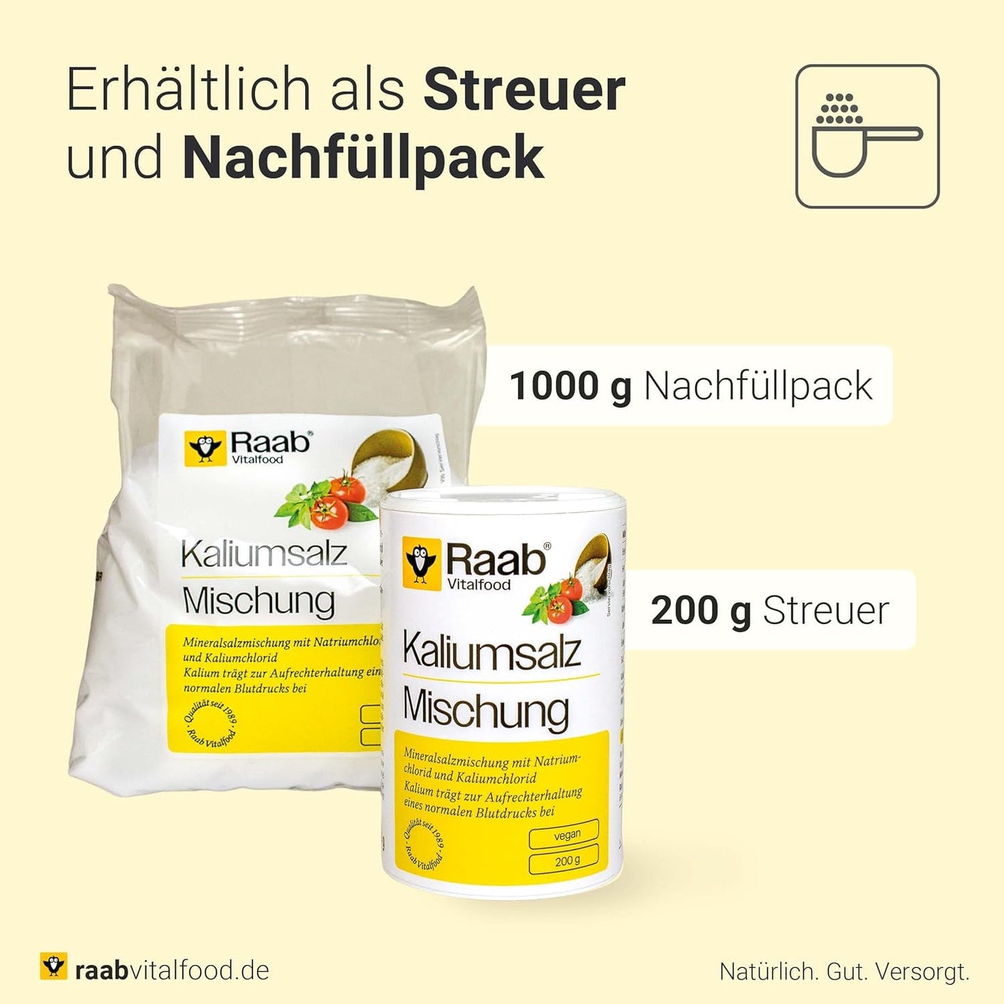 Raab Vitalfood Kalium salt-Mischung, Mineralsalzmischung med 66,7% Natriumchlorid (Kochsalz) og 33% Kaliumchlorid, Kalium trægt zur Aufrechterhaltung eines normalen Blutdruck bei (1 x 200 g dosis)