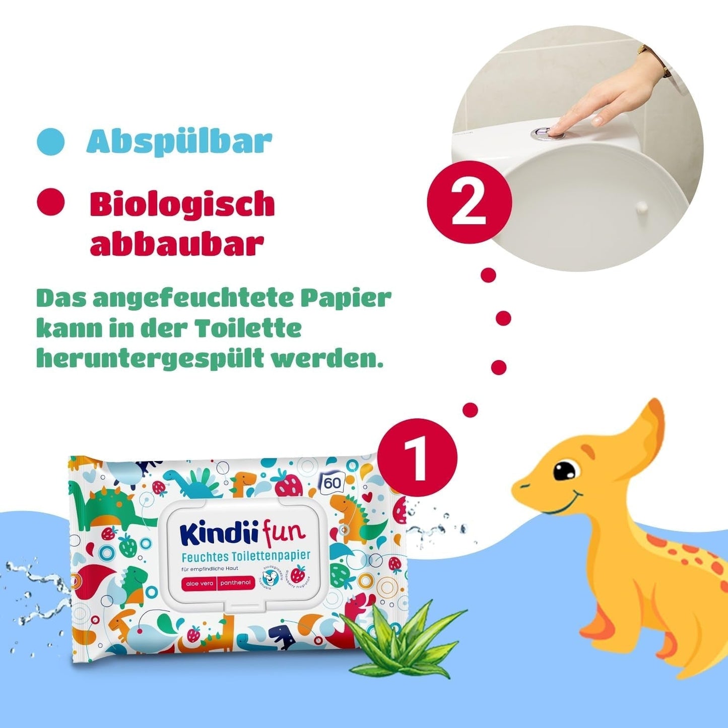 Kindii Fun Wet Toilet Paper - (10X60 stk.) Vådt toiletpapir - Kamille, Aloe Vera, Ph-neutral, Vandbar, Opfrisker det intime område - 600 stk.