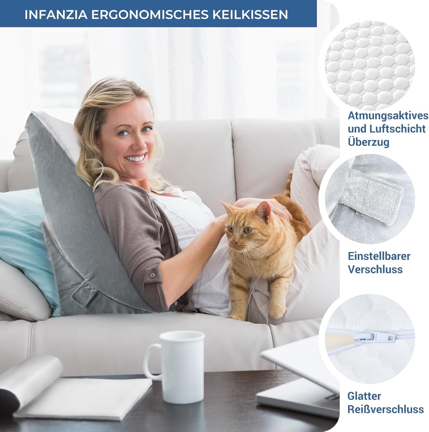 Justerbar kilepude, skumlæsepude med høj densitet med nakkerulle til seng og sofa, ergonomisk sengekile til søvnrefluksapnø, benpude, rygpude til læsning, spil eller fjernsyn