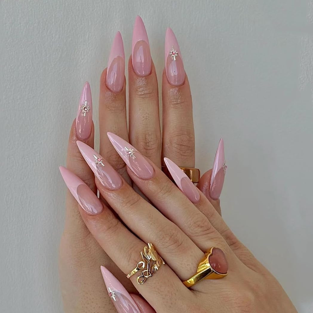 Moonglow Lange Negle Stiletto Mælkehvid Pink Gradient Glitter Cool falske negle med lim Pink Ombre Glitter Kunstige negle