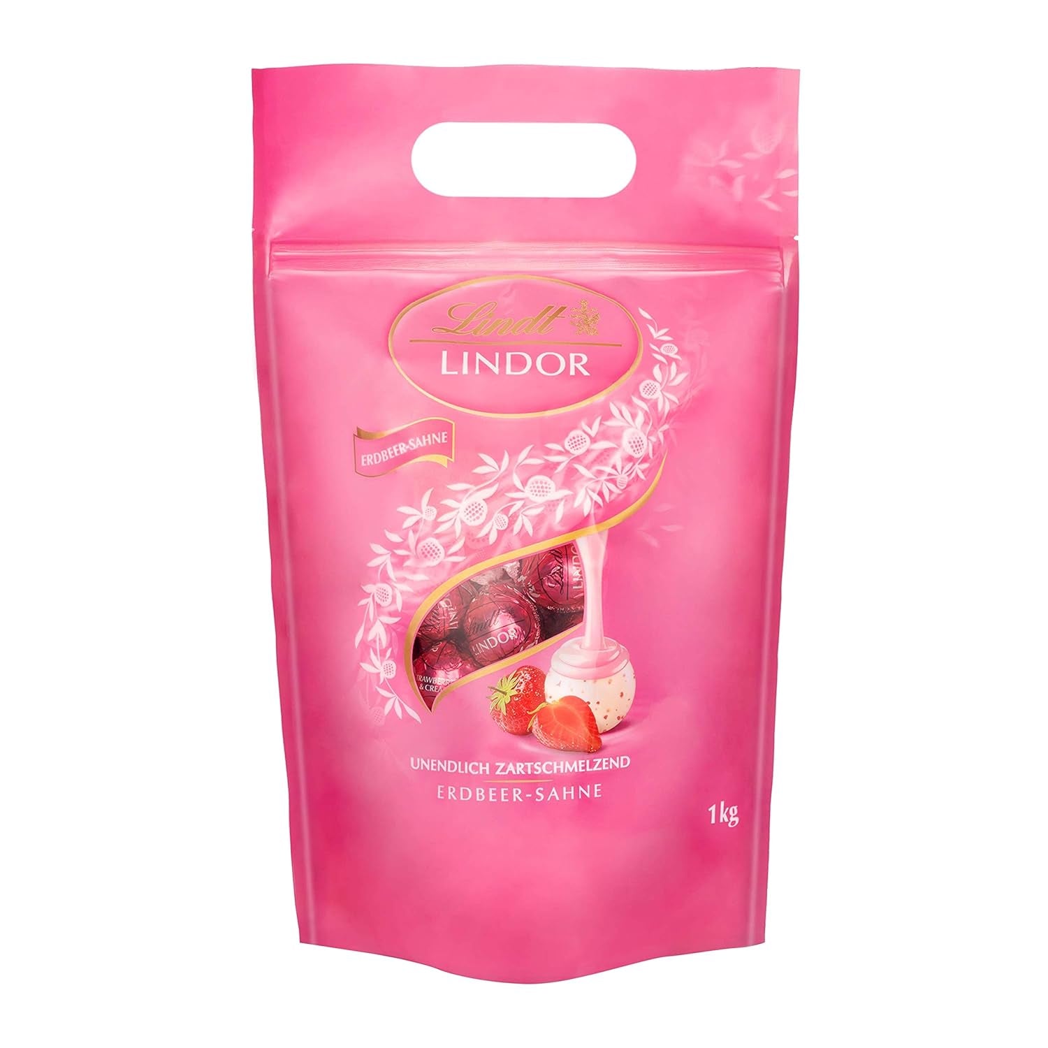 Chokoladeblanding LINDOR | 1371 g | Ca. 109 kugler: Mælkechokolade og LINDOR kugler med jordbærcreme | 1 kg pose, ca. 80 chokoladekugler hvid chokolade med jordbærcreme