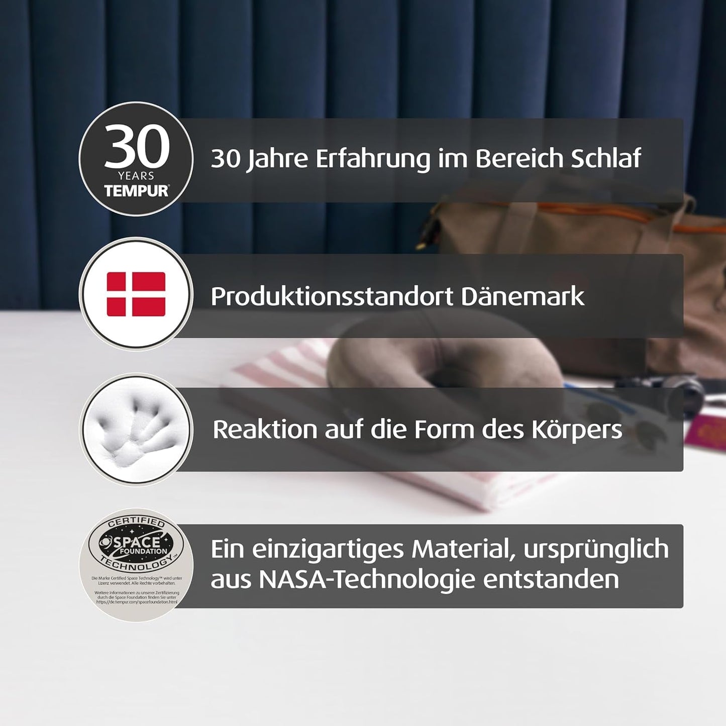 TEMPUR Transit rejsepude Komfortabel viskoelastisk nakkepude materiale Ideel til rejser med bus, tog, bil eller fly 30 x 28 x 8 cm