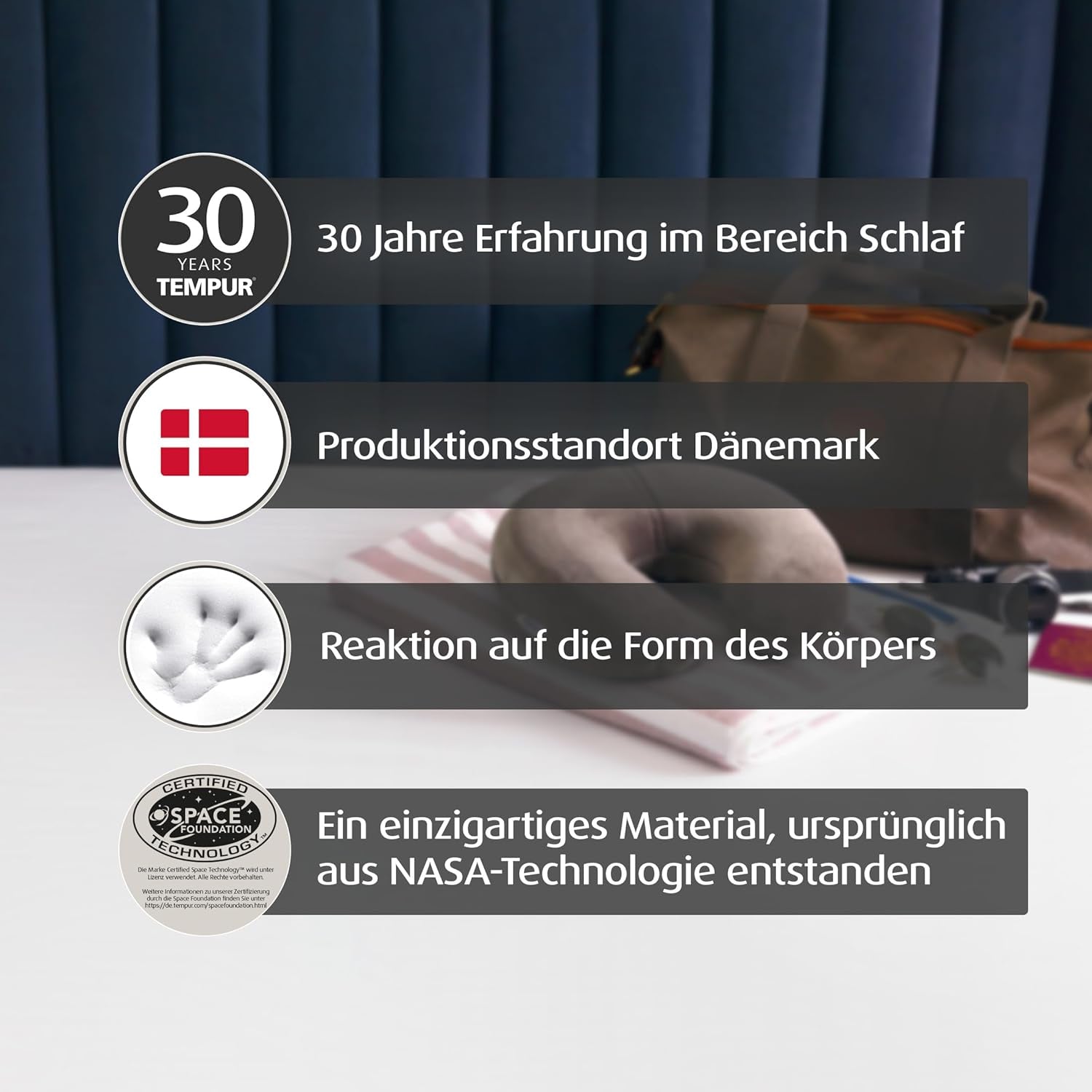 TEMPUR Transit rejsepude Komfortabel viskoelastisk nakkepude materiale Ideel til rejser med bus, tog, bil eller fly 30 x 28 x 8 cm