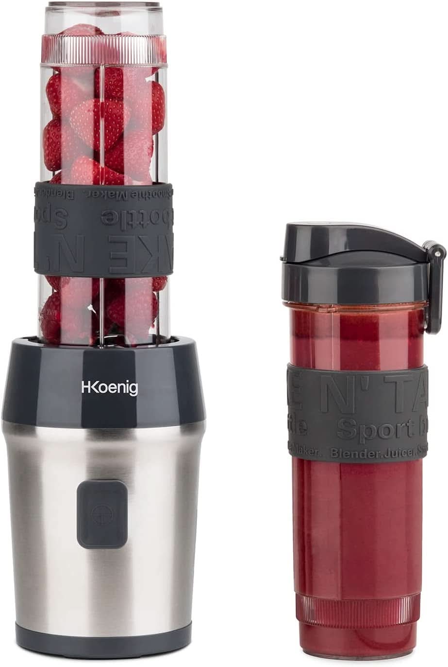 H.Koenig Smoothie Maker SMOO9 - Mini Standmixer - Mini Blender - 300 Watt - 570 Ml - Edelstahl - 2 Kunststoffflaschen - Bpa-Frei, Grau Kitchen Naty Shop Grau