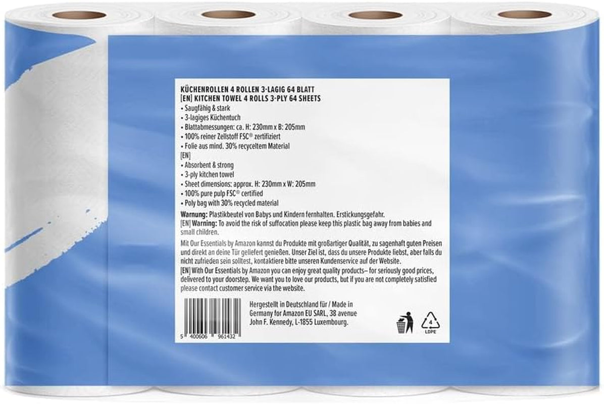 Af Amazon køkkenrulle, 3-lags, 16 ruller (4 ruller, pakke med 4), 64 ark pr. rulle, Fsc-certificeret
