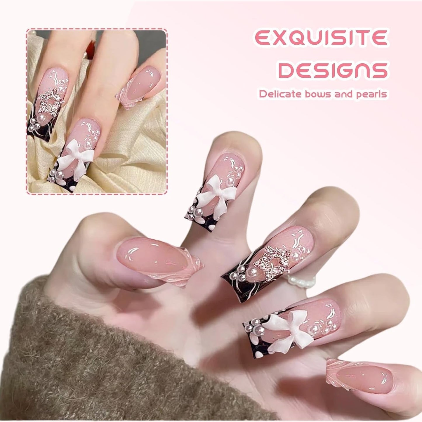 24 stk mellemlængde Rhinestone Pink Square Pearl Glitter 3D falske negle til kvinder piger