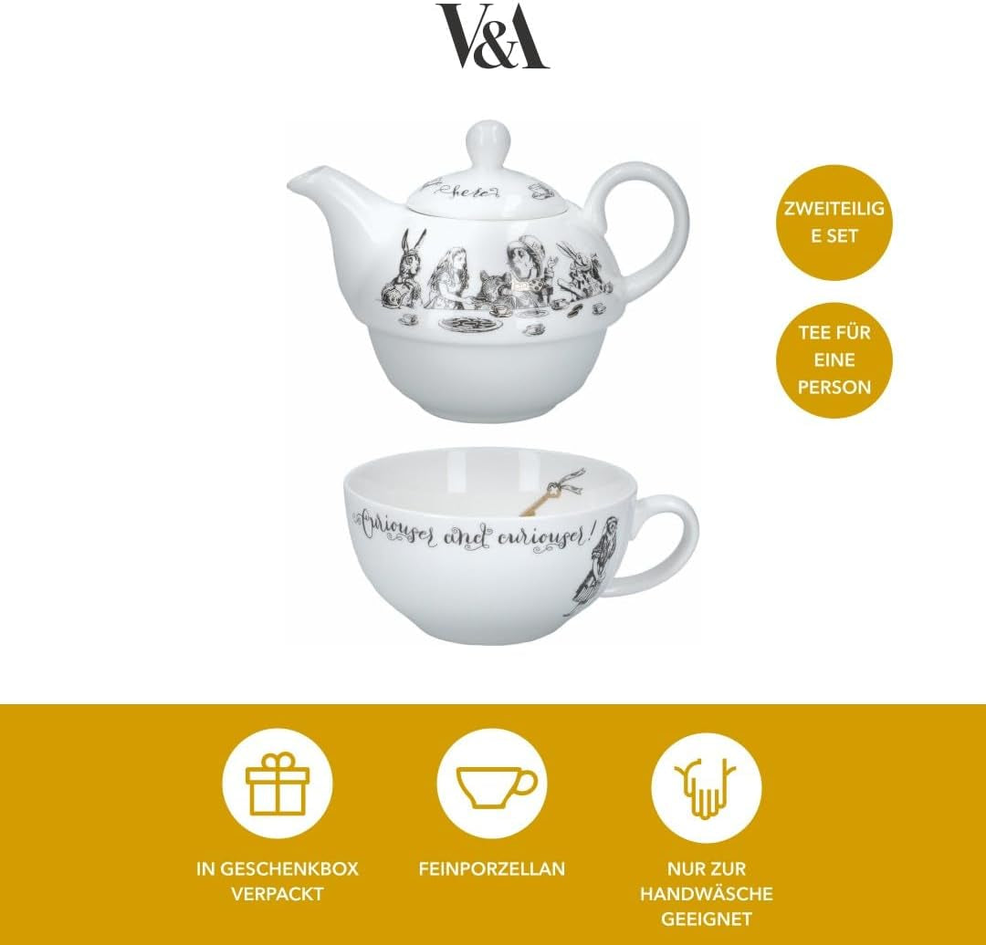 Alice i Eventyrland tekande og kop sæt til 1 person i gaveæske, fint porcelæn testel, hvid, 250ml