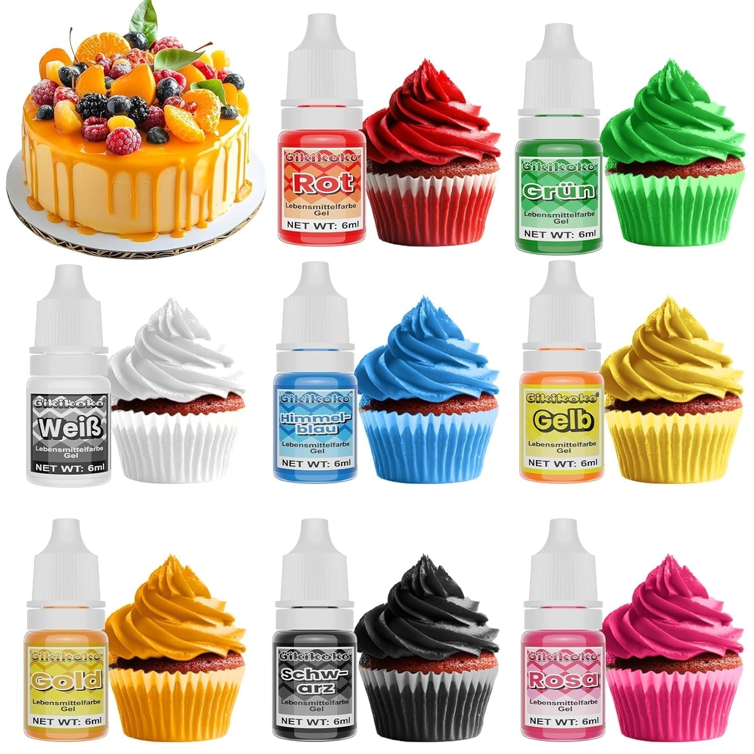 Gel madfarve - 8 livlige farver kagedekoration madfarve Højkoncentreret madfarve til fondant, smørcreme, kager, makroner, donuts - 6 ml