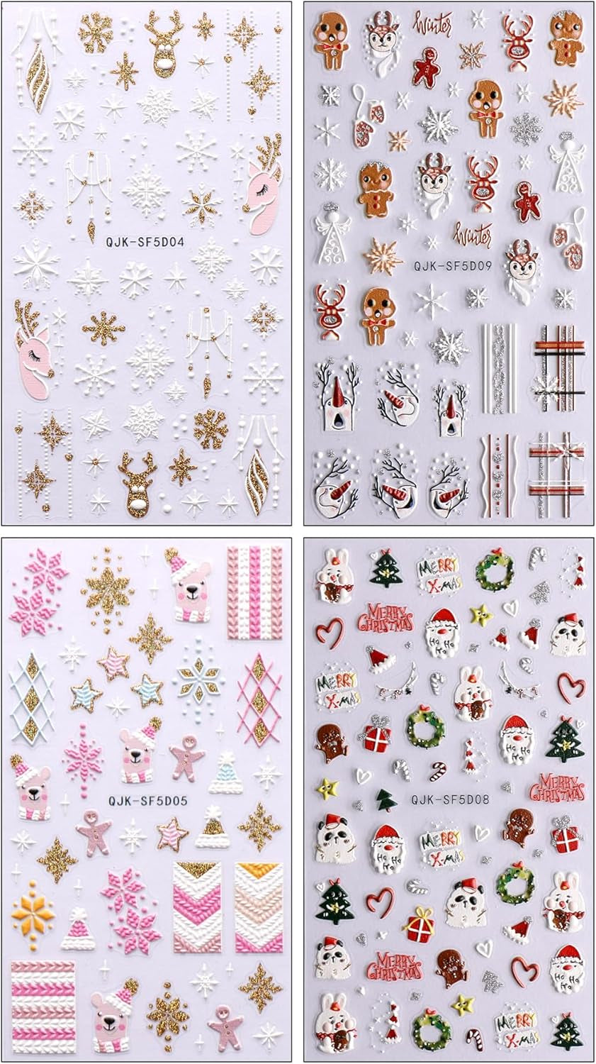 Jul 3D negle stickers 4 ark 5D negle stickers Stereoskopiske negle stickers dekorationer Negle Design Accessories