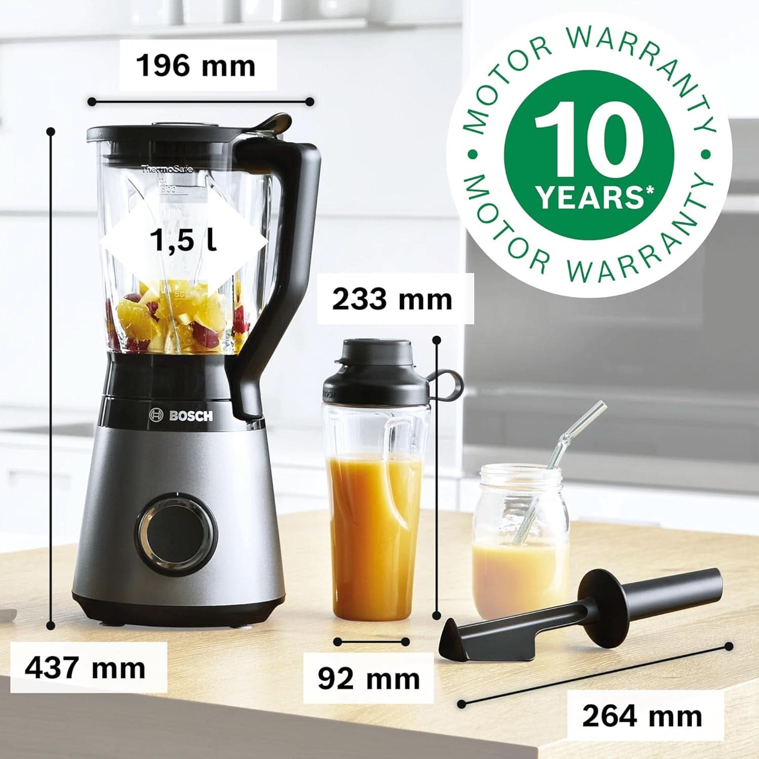 Bosch Standmixer Vitapower Serie 4 MMB6174SN, Verbesserte Version, Hochwertige Edelstahl-Klingen, 1,5L Glasbeholder, 0,6L To-Go-Flasche, Spülmaschinenfeste Teile, 30.000 U/Min, 1200 W, Sølvkøkken Naty Shop