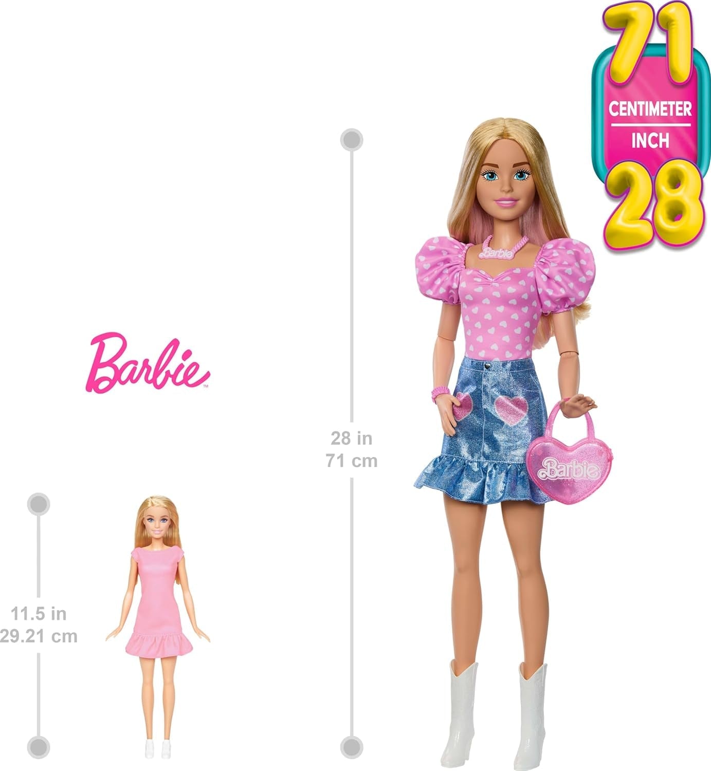 Moderigtig Barbie-dukke 71 cm blond med aftageligt tøj Pink top denimnederdel Cowboystøvler Halskæde og håndtaske HYT84