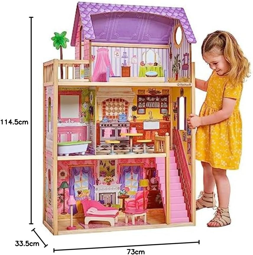 KidKraft Kayla trædukkehus med møbler og tilbehør, 3-lags legesæt til 30 cm dukke, legetøj fra 3 år og opefter, 65092 - eksklusivt på Amazon