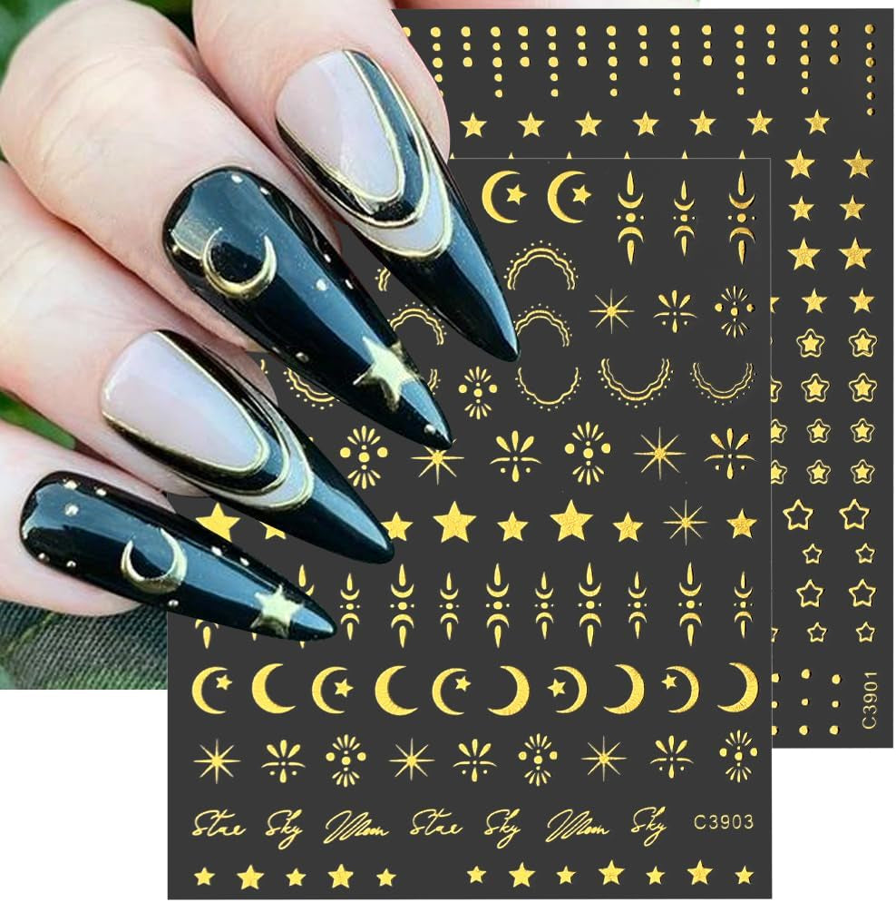 8 ark Guld Måne og Stjerner Nail Art Stickers Englevinger Tan Guld Nail Stickers Stjerner Negle Foils Selvklæbende negle Stickers Negle Design Tilbehør Negle Stickers