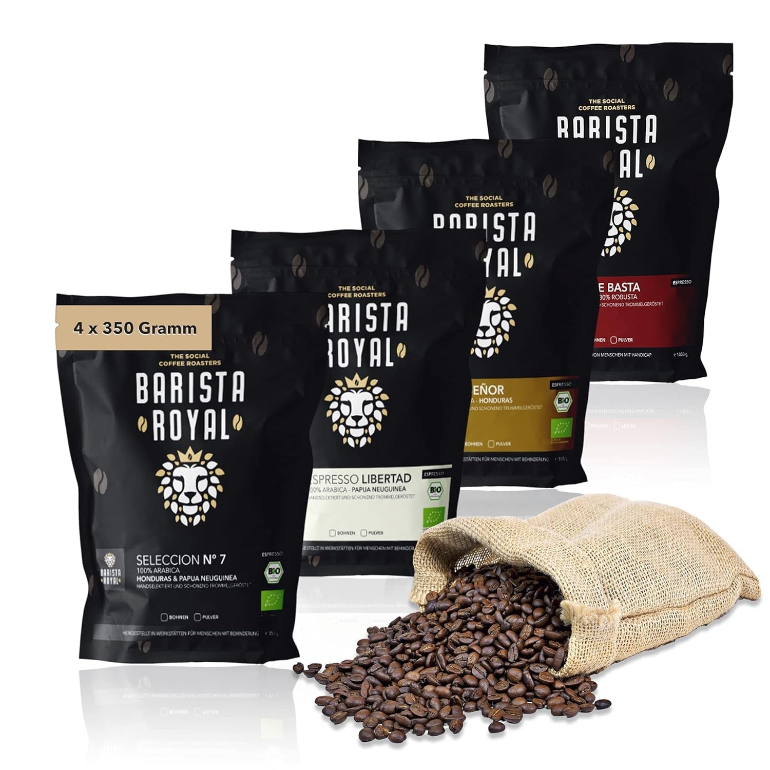 Prøvesæt espressobønner 4 x 350 g espressobønner | Discovery Pack/Sample Pack | Robusta og Arabica | Ideel til fuldautomatiske enheder og portafilter | KONGELIG BARISTA