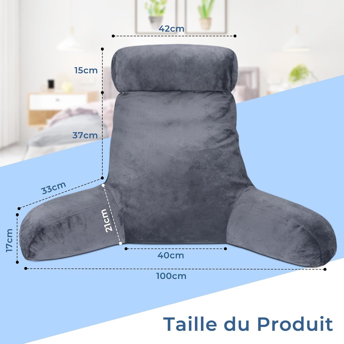 INFANTIA ergonomisk læsepude med armlæn, rygstøtte, stor, grå
