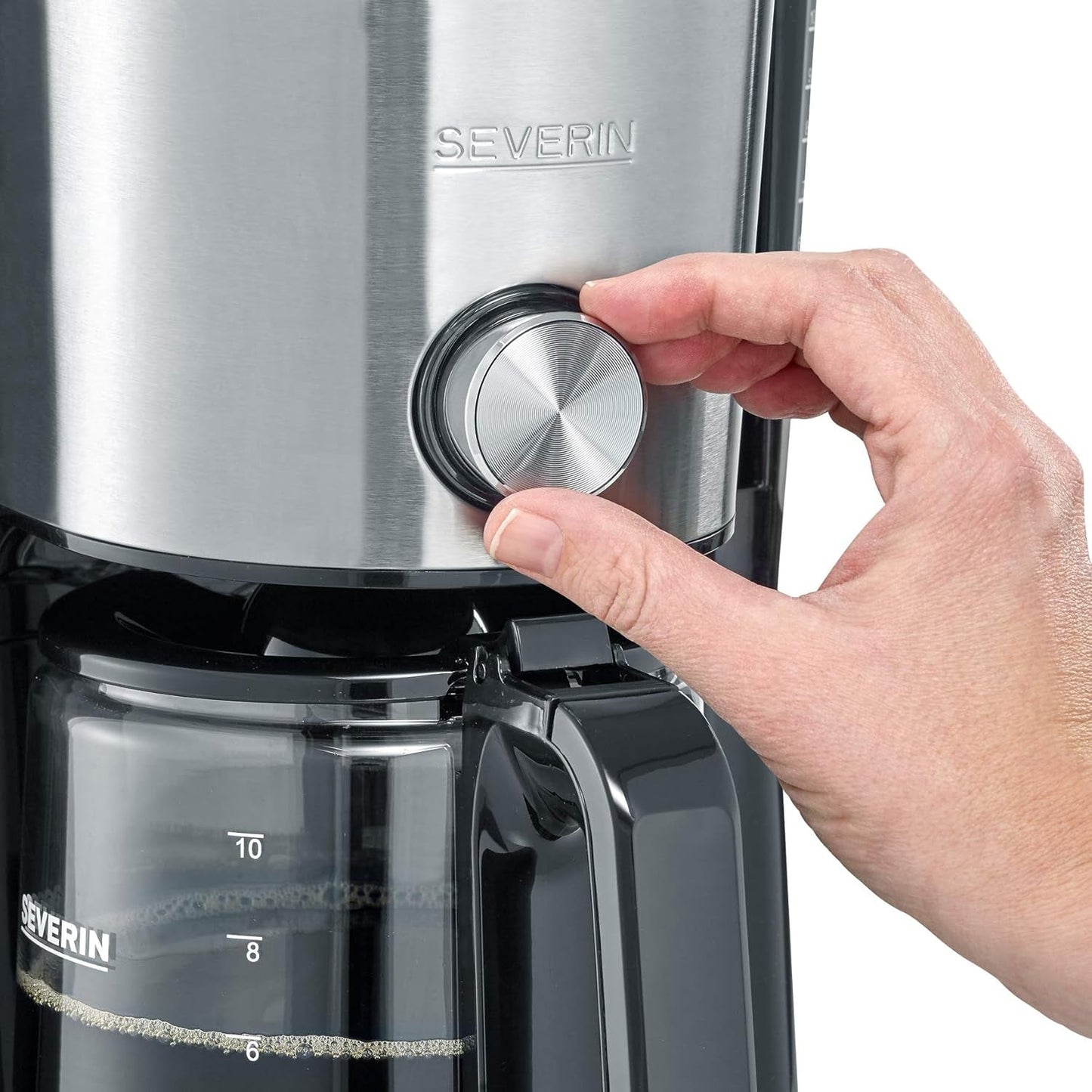 SEVERIN "TypeSwitch" espressomaskine med glaskaraffel og timer, AromaSwitch til valg af 2 bryggemuligheder, digitalt ur med timerfunktion, til op til 10 kopper, 1000W, børstet rustfrit stål-sort, KA 4826