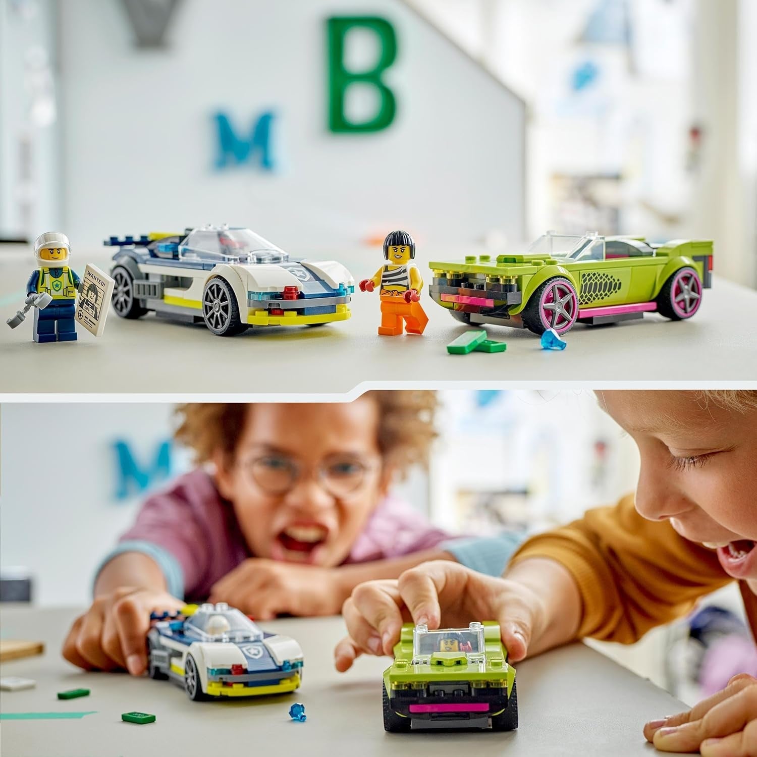 LEGO City Car Chase med politibil og muskelvogn, legetøjstog med 2 racerbiler, politigave til børn, drenge og piger fra 6 år, sæt med politimand og minifigurer Ganovin 60415 Byggesæt Besuche den LEGO-Store
