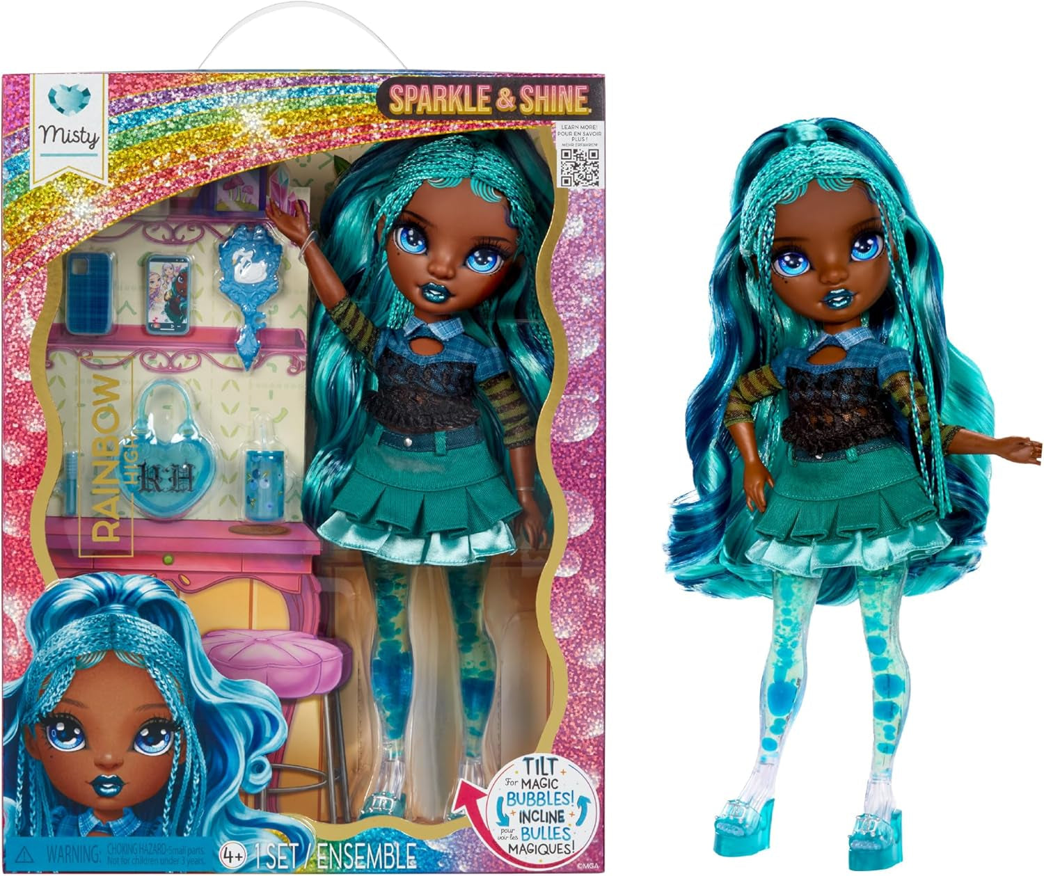 Rainbow High Sparkle & Shine Doll - Misty - 28 cm moderigtig dukke med turkis hår og magiske bobler Stående farverig påklædning og legesamler i 4-12 år