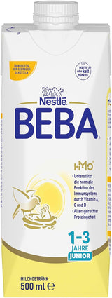 BEBA Junior drikkeklar mælkedrik 1-3 år, med HMO, aldersegnet proteinindhold, palmeoliefri, fiskeoliefri, småbørnsmad, pakke med 12 (12 x 500 ml)