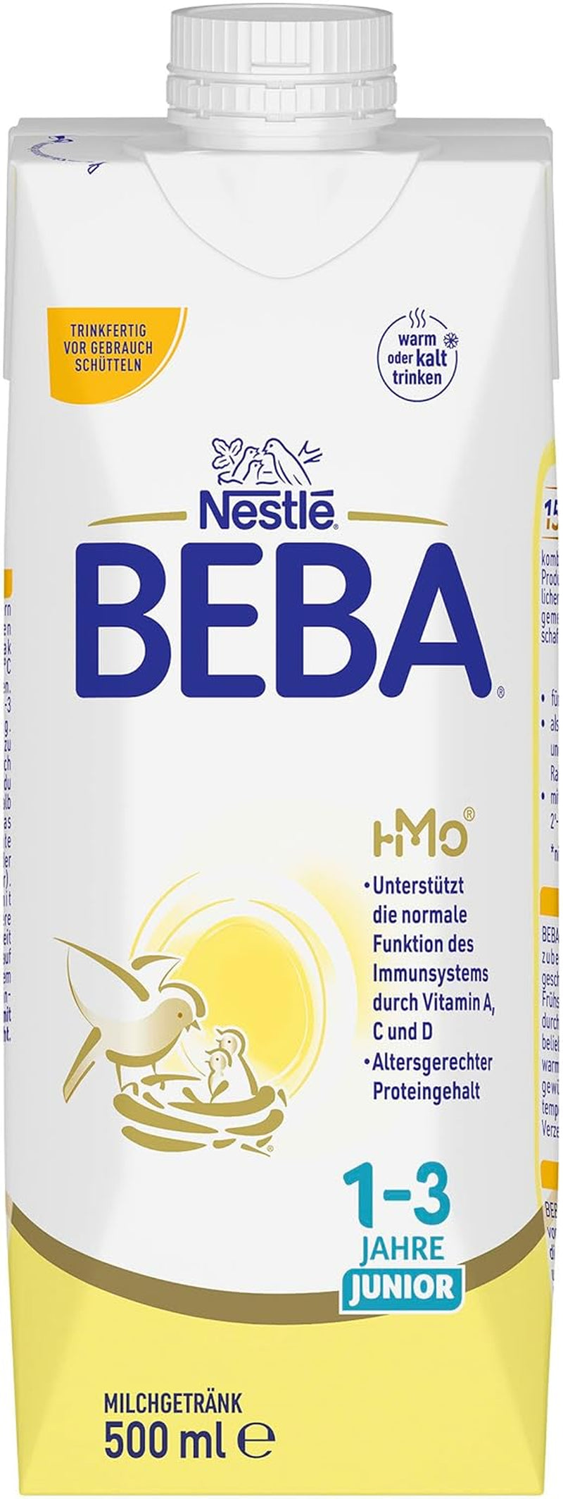 BEBA Junior drikkeklar mælkedrik 1-3 år, med HMO, aldersegnet proteinindhold, palmeoliefri, fiskeoliefri, småbørnsmad, pakke med 12 (12 x 500 ml)