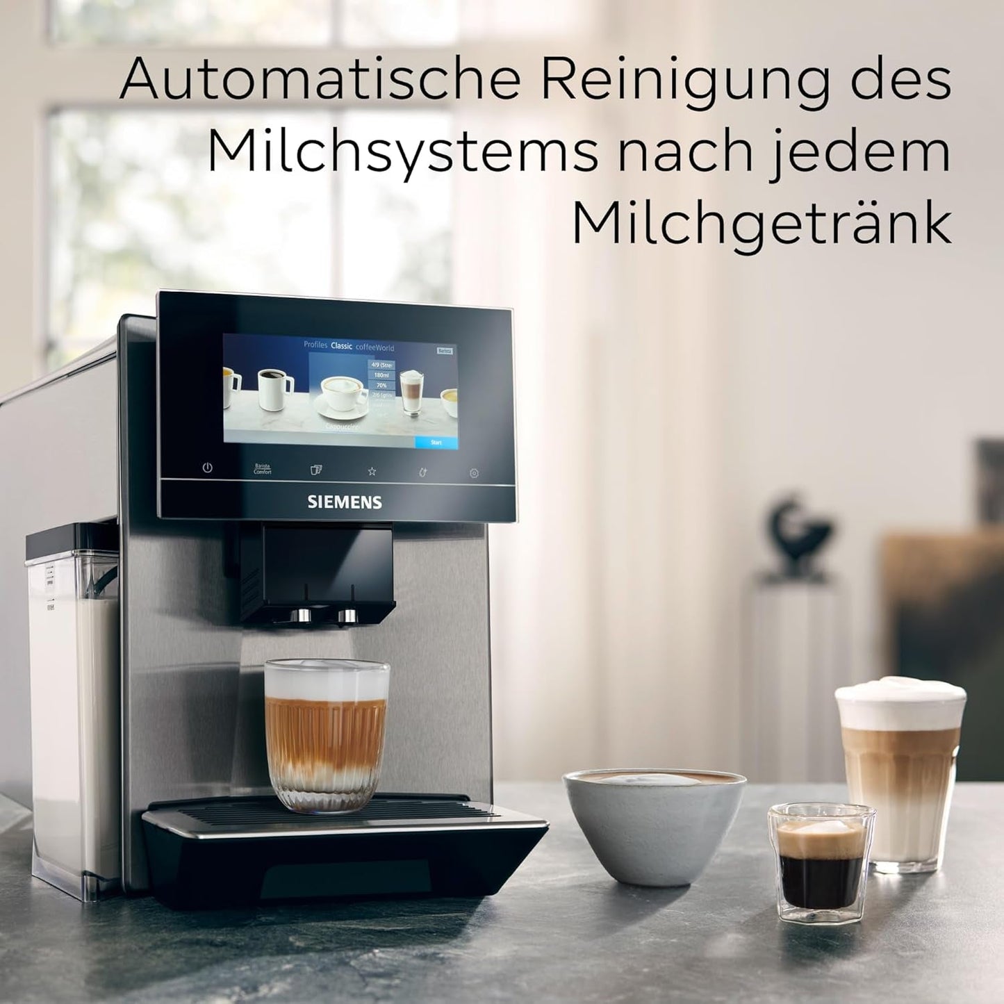 Siemens EQ900 TQ903D03 Automatisk Espressomaskine, App Control, Intuitiv Touch Display, Barista Mode, AromaBoost, Støjreduktion, Premium Kværn, Automatisk Damprensning, 1500 W, Rustfrit stål