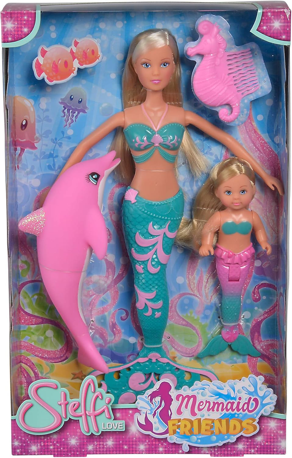 Simba 105733336 - Steffi Love Mermaid Friends, Magisk havfruedukke med søster Evi, delfinfigur og mere, legetøj til børn fra 3 år og opefter