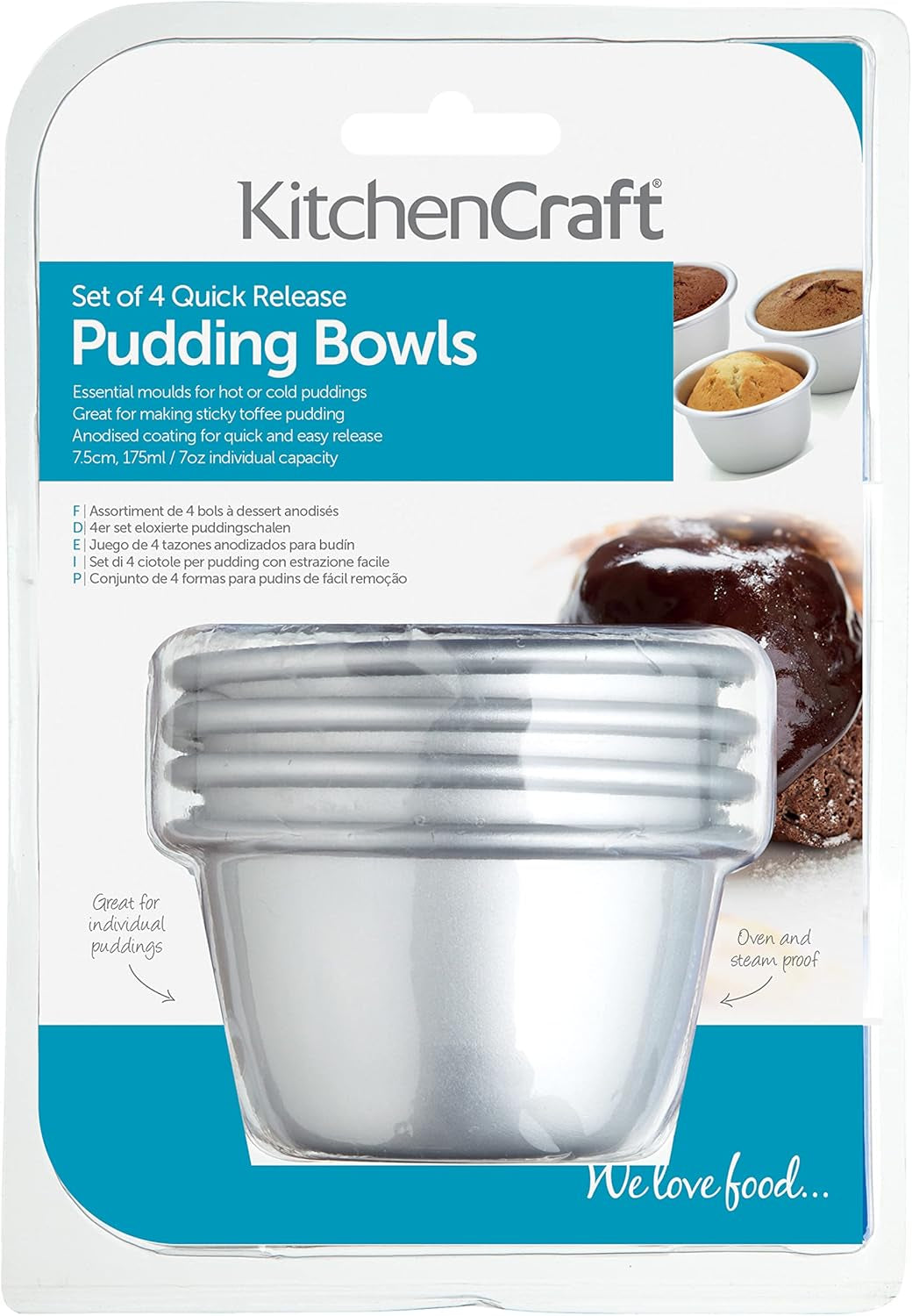 Kitchencraft mini budding forme anodiseret aluminium 7,5 cm sæt med 4 sølv bageforme og bakker Naty Shop