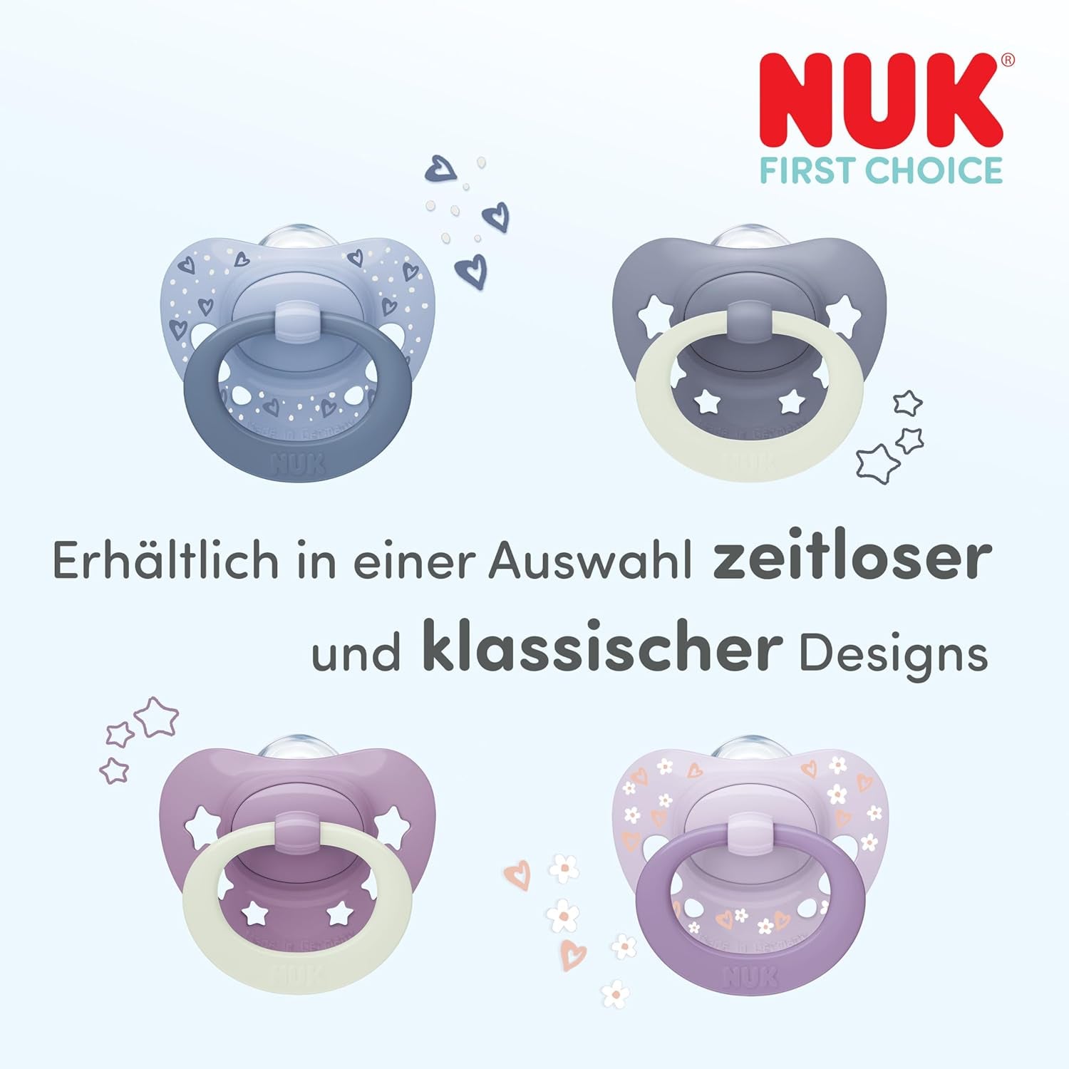 NUK First Choice klassiske dag- og natsutter til babyer | 6-18 måneder | Ortodontiske sutter der lyser i mørke | 95 % accept af babyer** | Blå | Pakke med 2