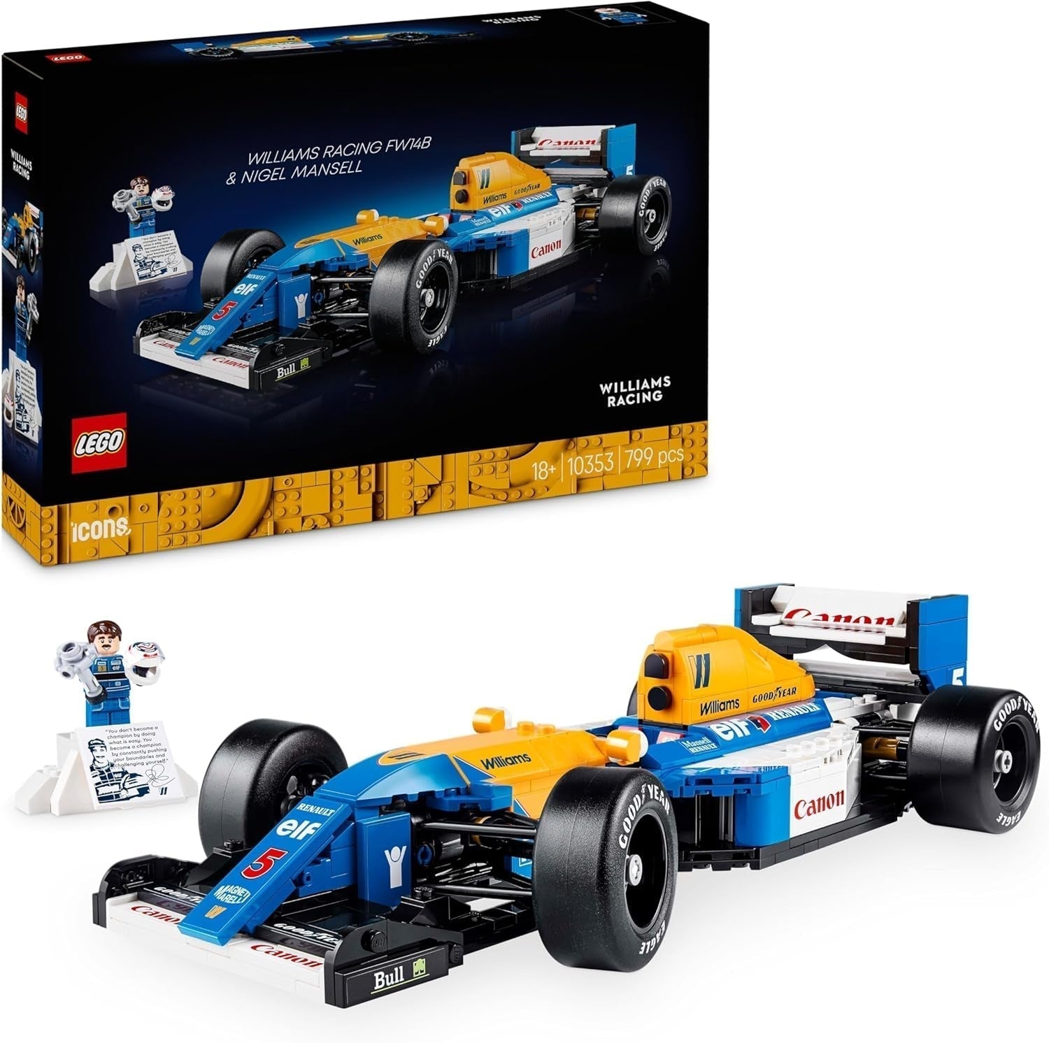 LEGO Icons Williams Racing FW14B med Nigel Mansell - F1 modelbilsæt med racerkører minifigurer samleobjekt - Skrivebordsdekoration med stativ - Gave til voksne og teenagere Motorsportsfans 10353 Byggesæt Besuche den LEGO-Store Standardtitel