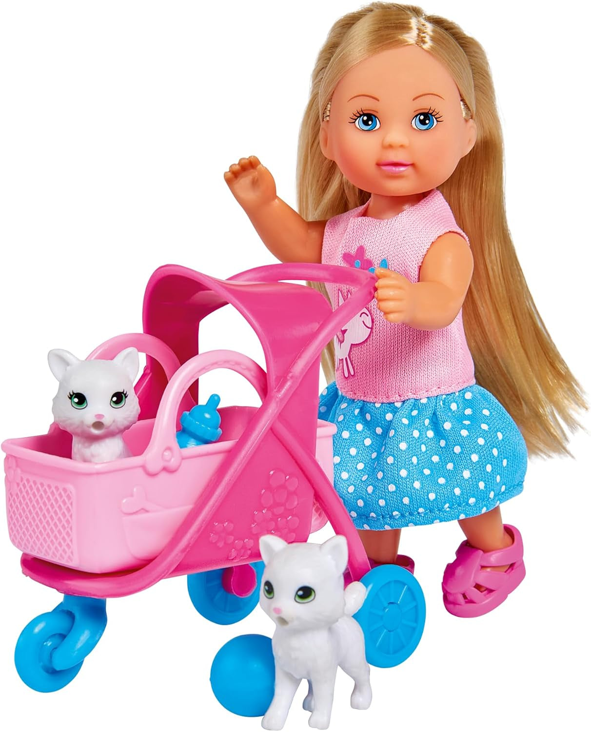 Simba 105733348 - Evi Love Cat klapvogn, med to katte i klapvognen, aftagelig taske, tilbehør, påklædningsdukke, 12 cm, til børn i alderen 3+