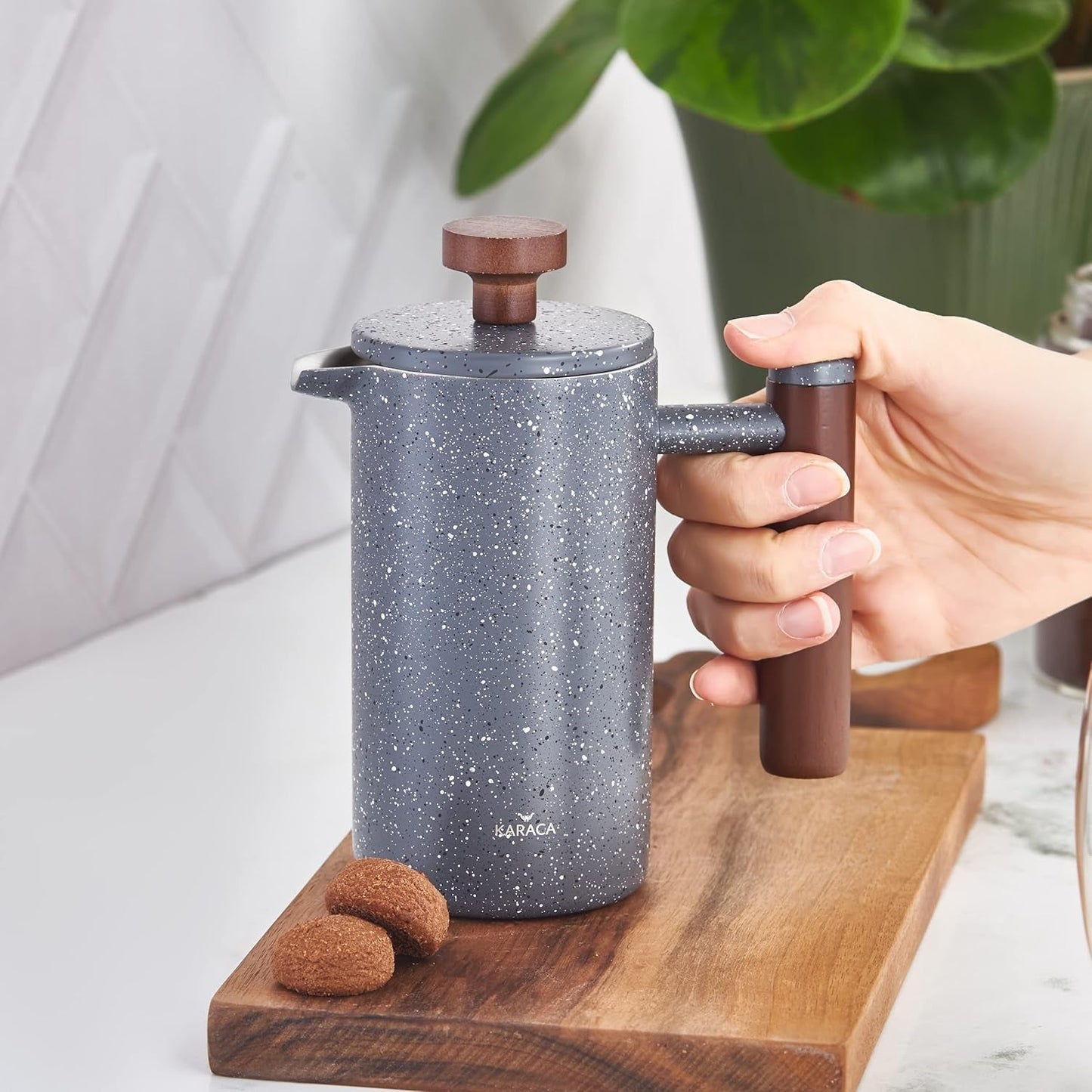 KARACA marmor dobbeltvæg fransk presse med kastanjehåndtag - Isoleret fransk presse til kaffe - Hjemmerejse Camping kaffemaskine - 350 ml - Mørkegrå